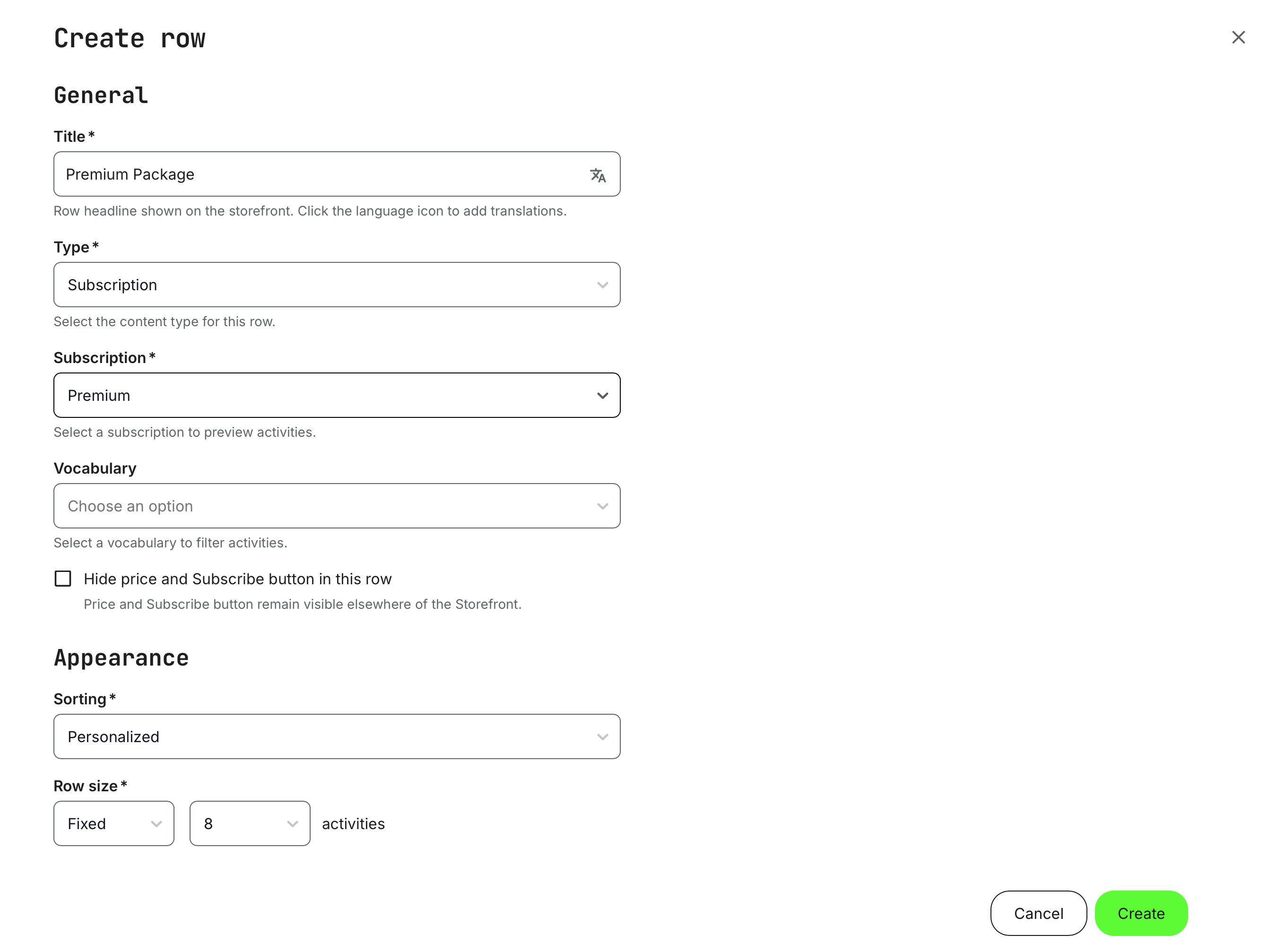 Create a row that displays the contents of a subscription, allowing users to preview the included training activities before subscribing.