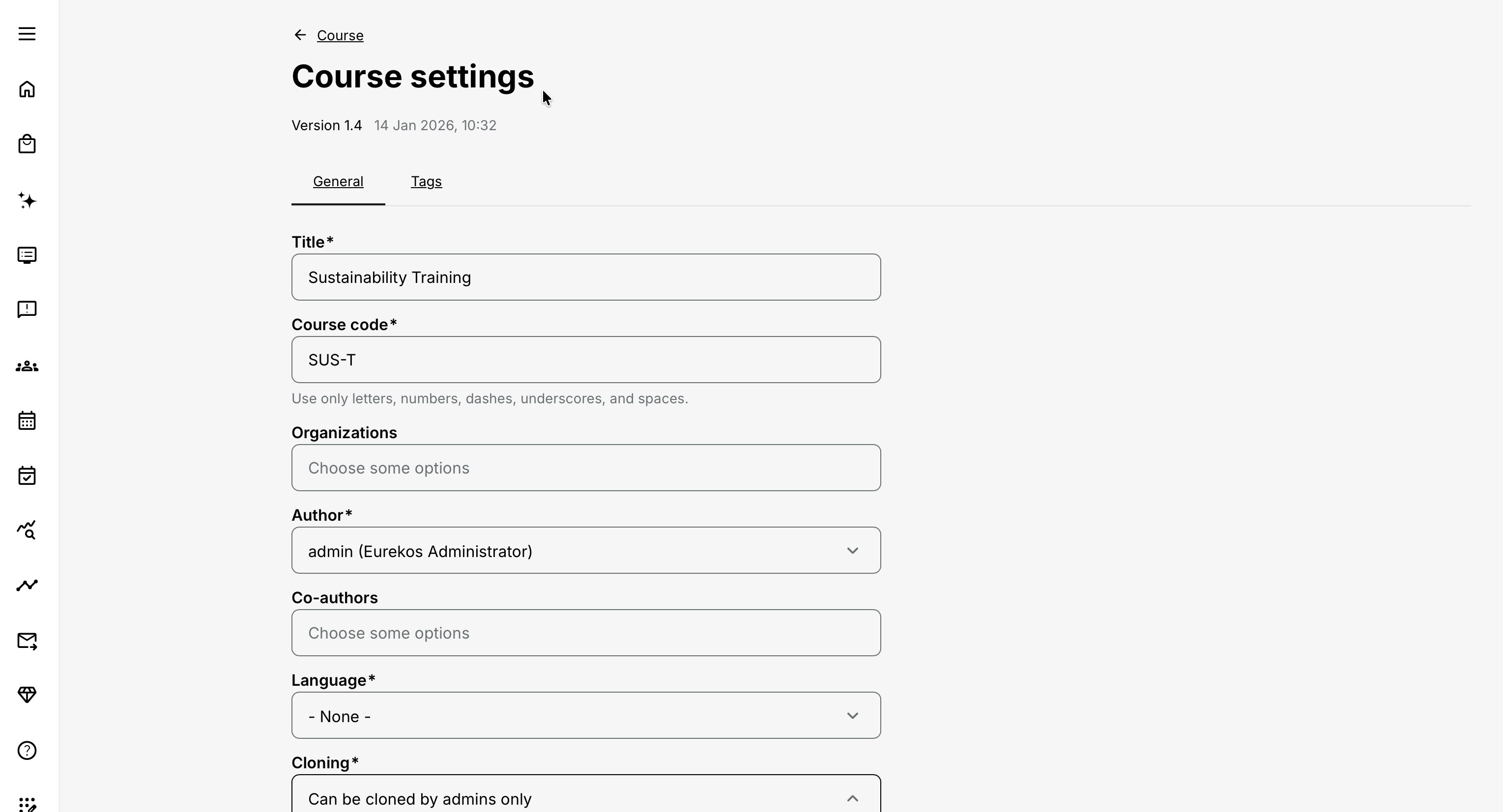 Course workspace showing Pages, Settings and Participant view above the Course content.