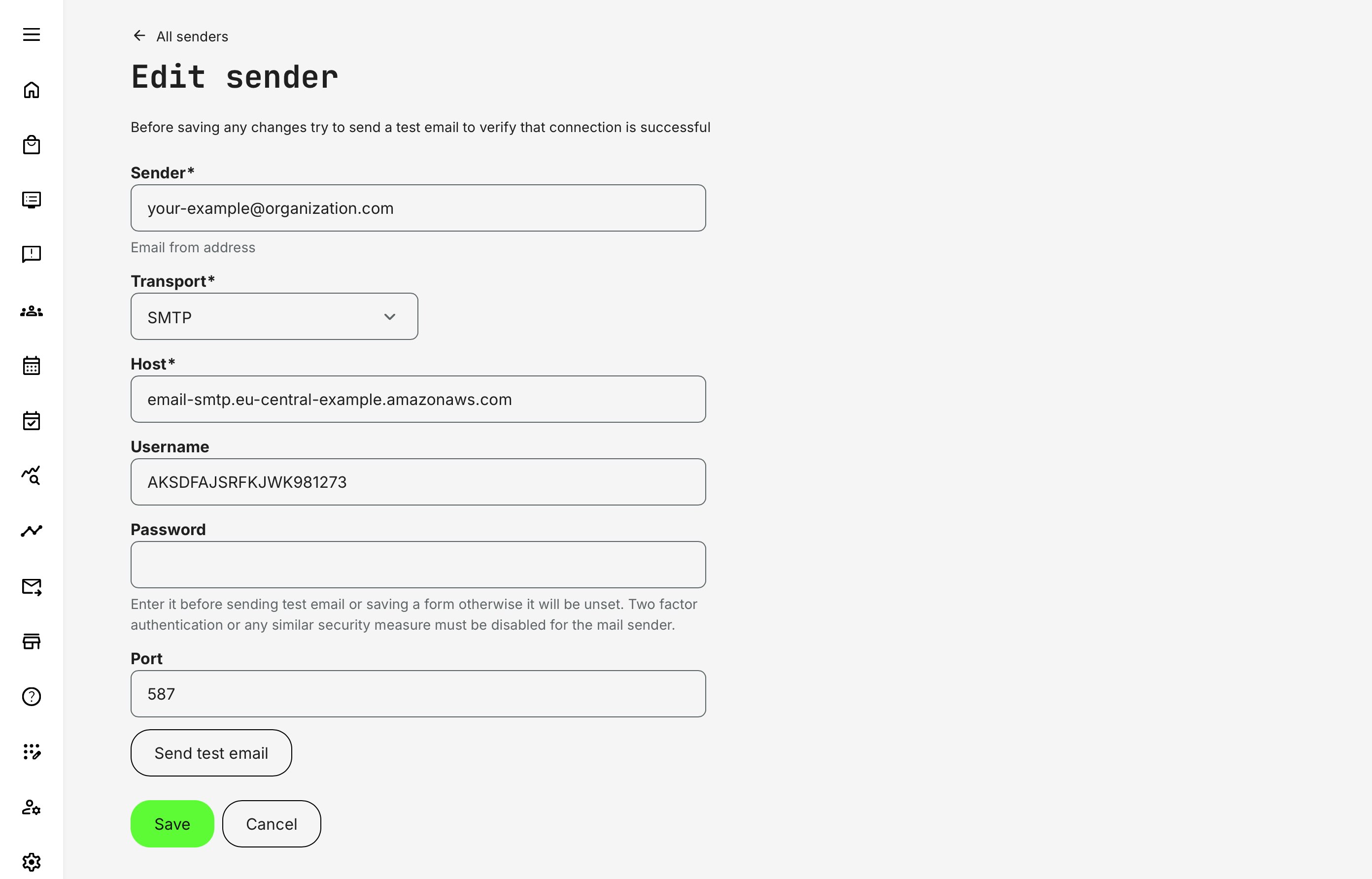 Example of a sample SMTP configuration using Amazon SES — for illustrative purposes only.