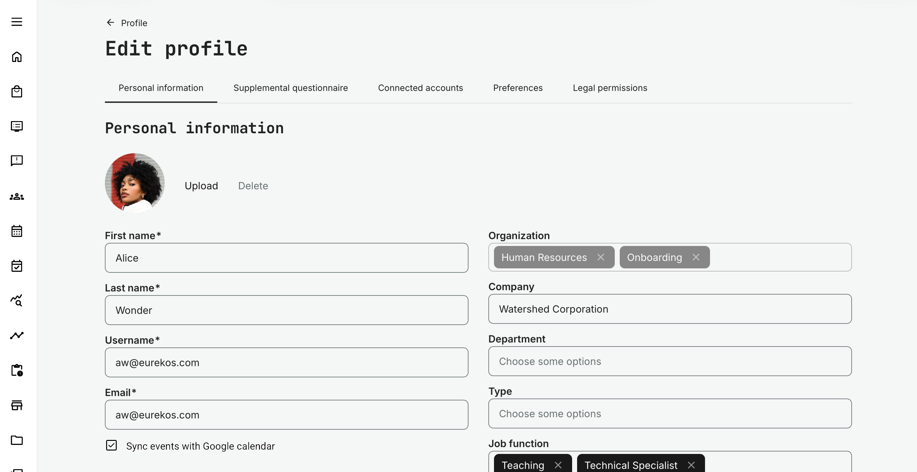 User profile settings showing personal information and the option to enable “Sync events with Google Calendar,” allowing users to control calendar synchronization directly from their profile.