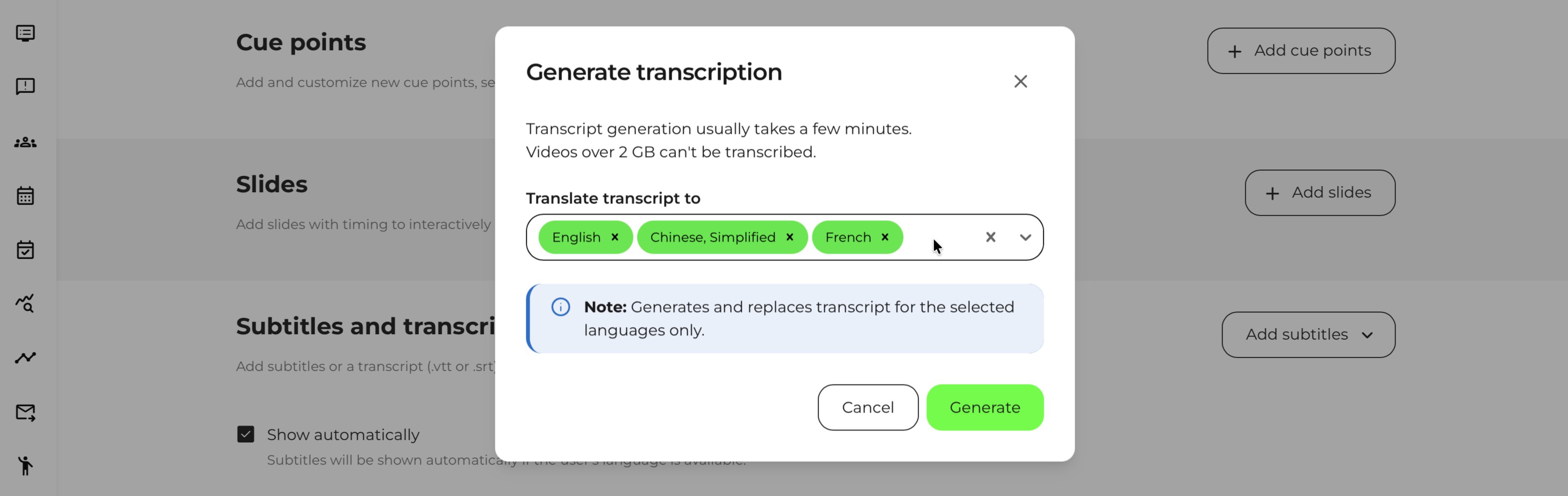 Generate transcription dialog with English, Chinese Simplified, and French selected under Translate transcript to and a note that existing transcripts for the selected languages will be replaced
