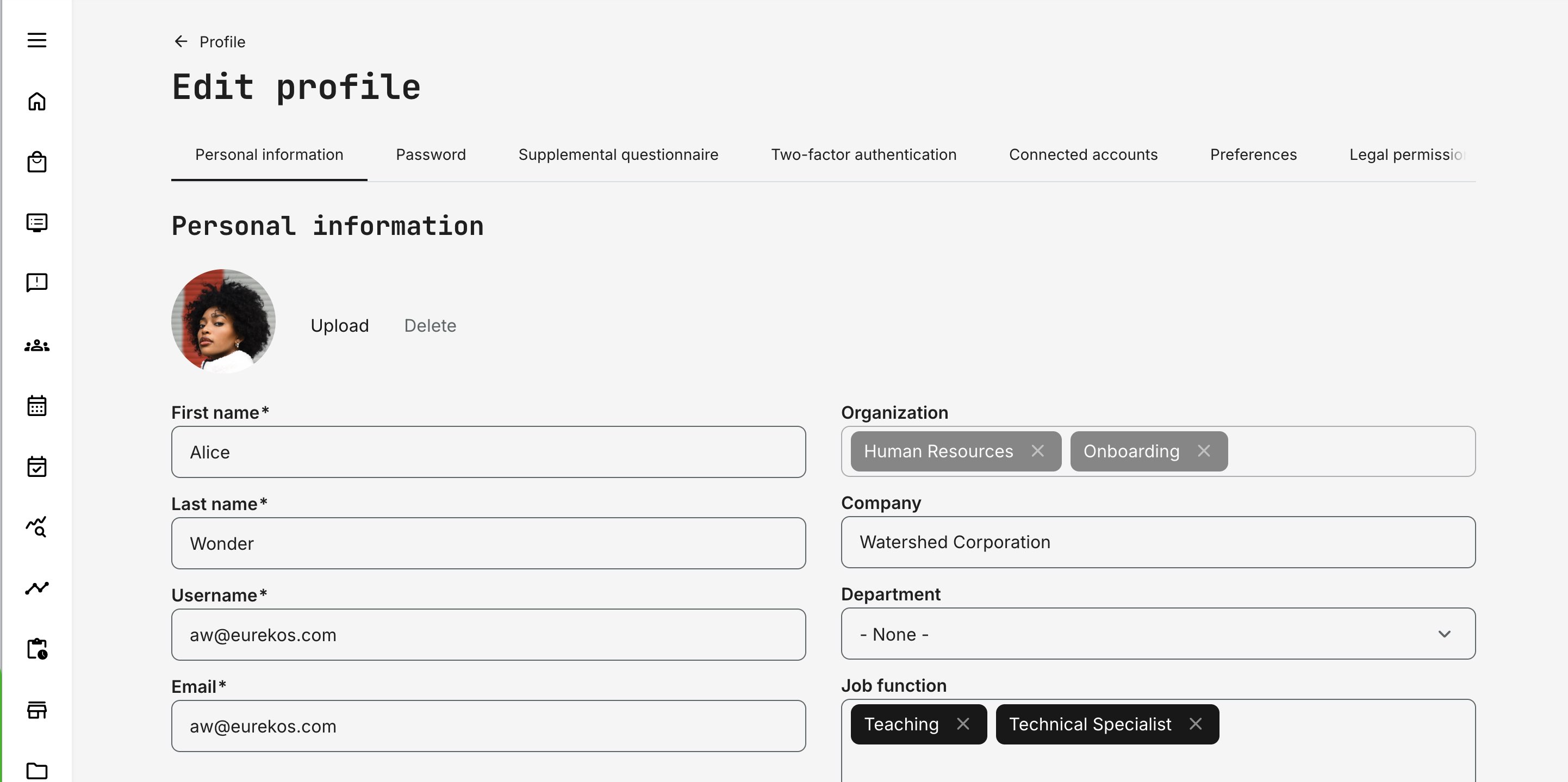 Profile edit view illustrating configurable fields—some editable, others read-only or hidden depending on role permissions and platform configuration.