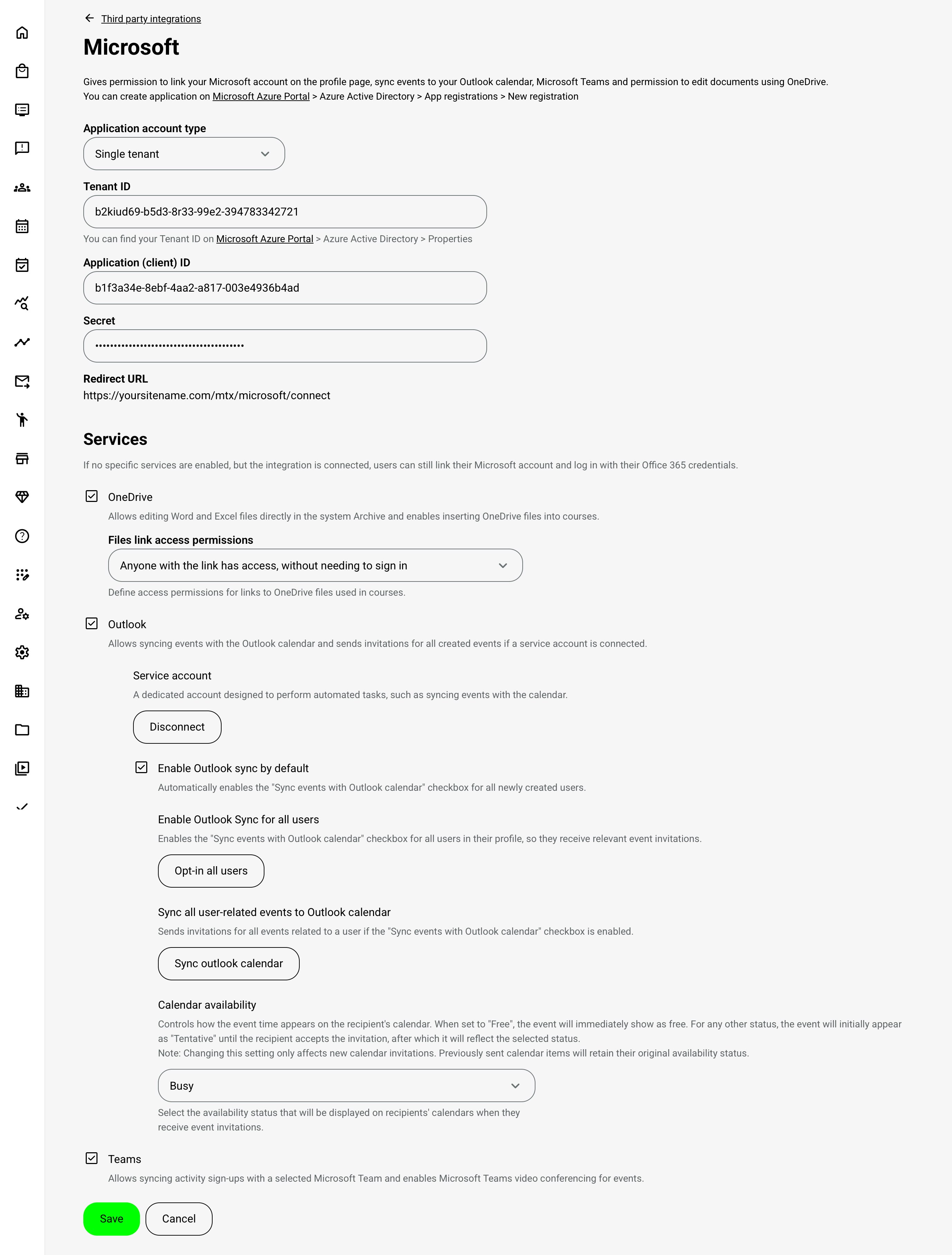 Microsoft integration configuration screen in Eurekos, where administrators define application account type, tenant ID, client ID, secret, and redirect URL for Azure connection.