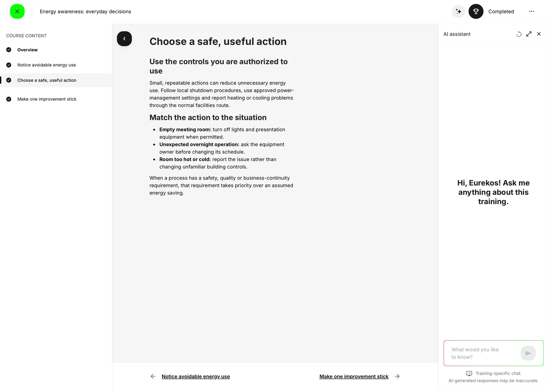 A Course page about energy awareness is shown with course navigation and the Saga training-chat sidebar open beside the lesson.