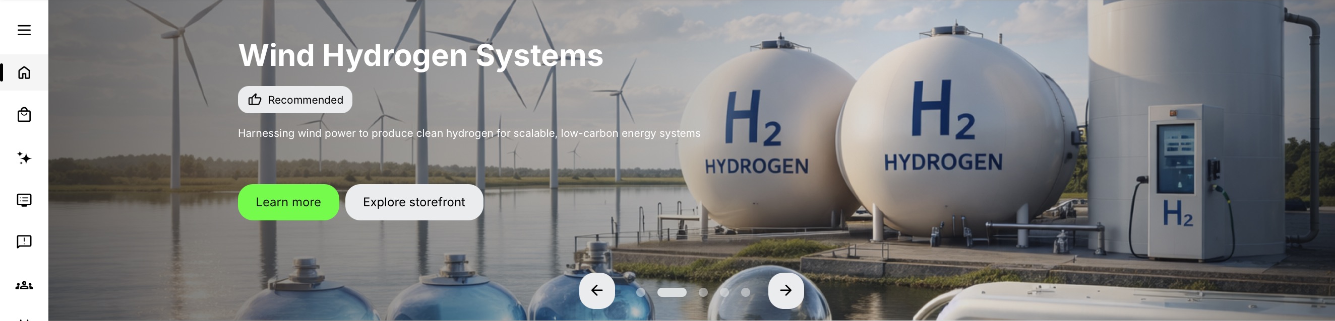 Vivid recommendation layout with the Wind Hydrogen Systems banner across the section. Its title, description and Learn more and Explore storefront actions overlay the banner, with slide controls below.