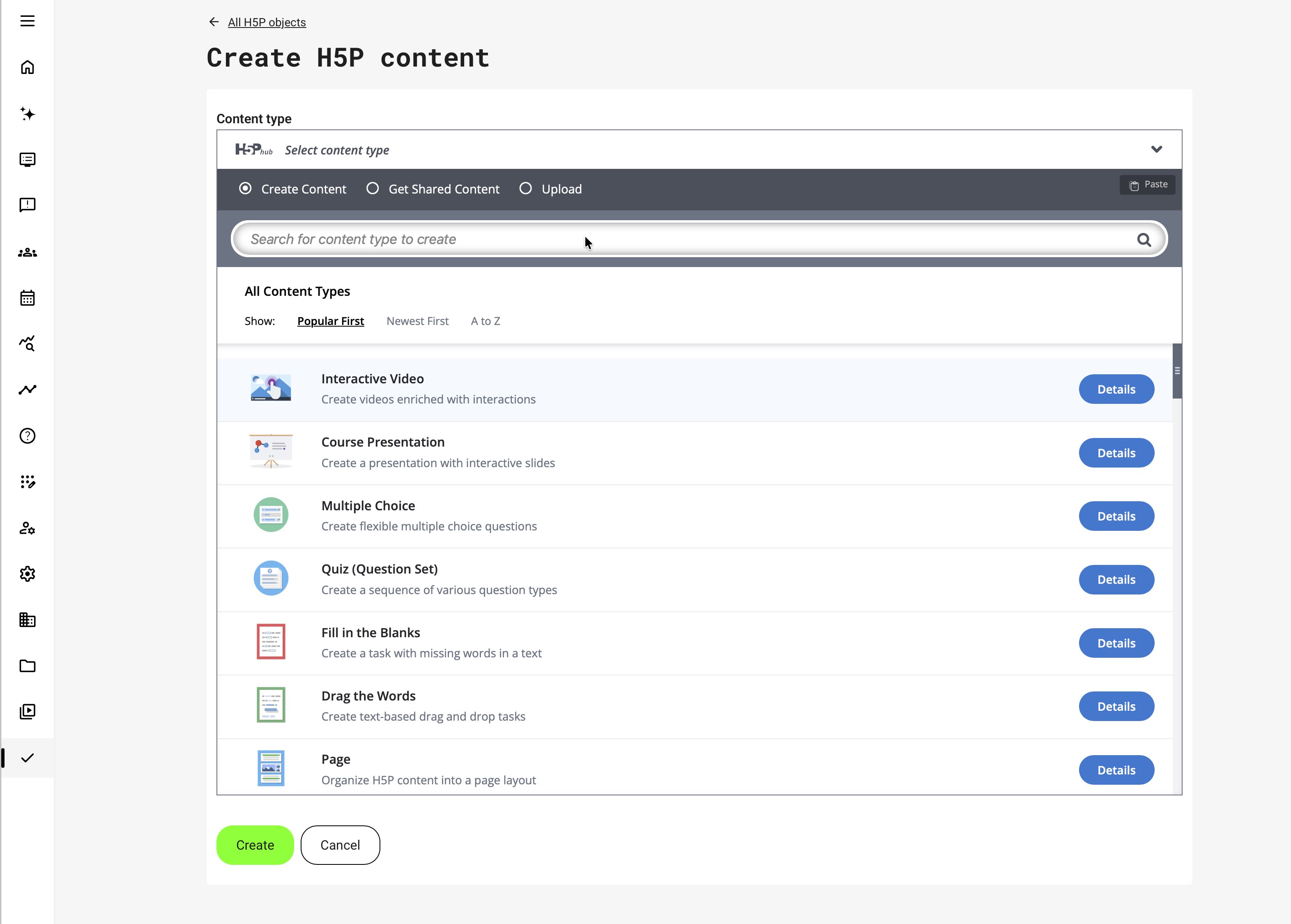 Create H5P content page with Create Content, Get Shared Content, and Upload options, a content-type search field, and available interactive content types.