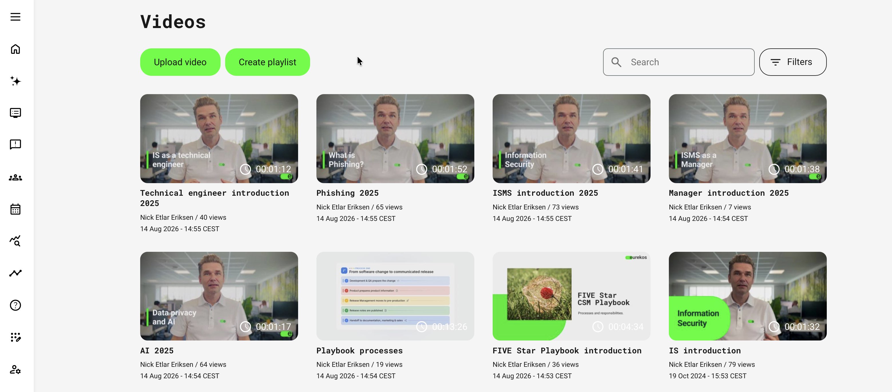 Videos page with Upload video and Create playlist actions, search and filters, and cards showing video thumbnails, durations, titles, authors, views, and dates