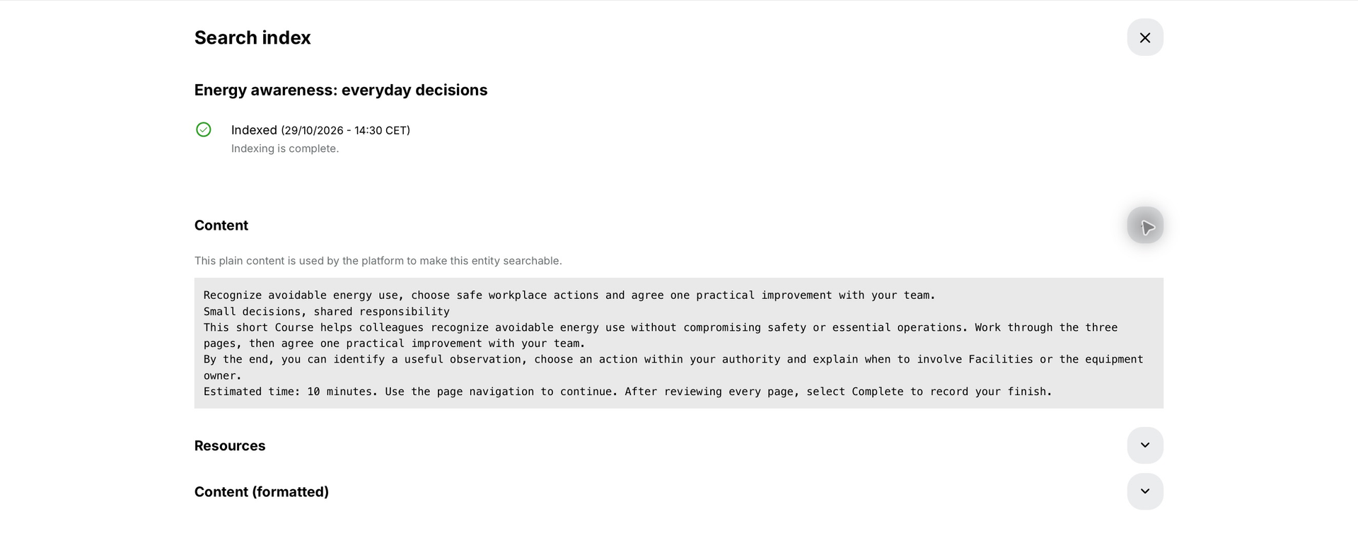 A Search index dialog shows an Indexed status with a timestamp and expandable Content, Resources and formatted-content sections.