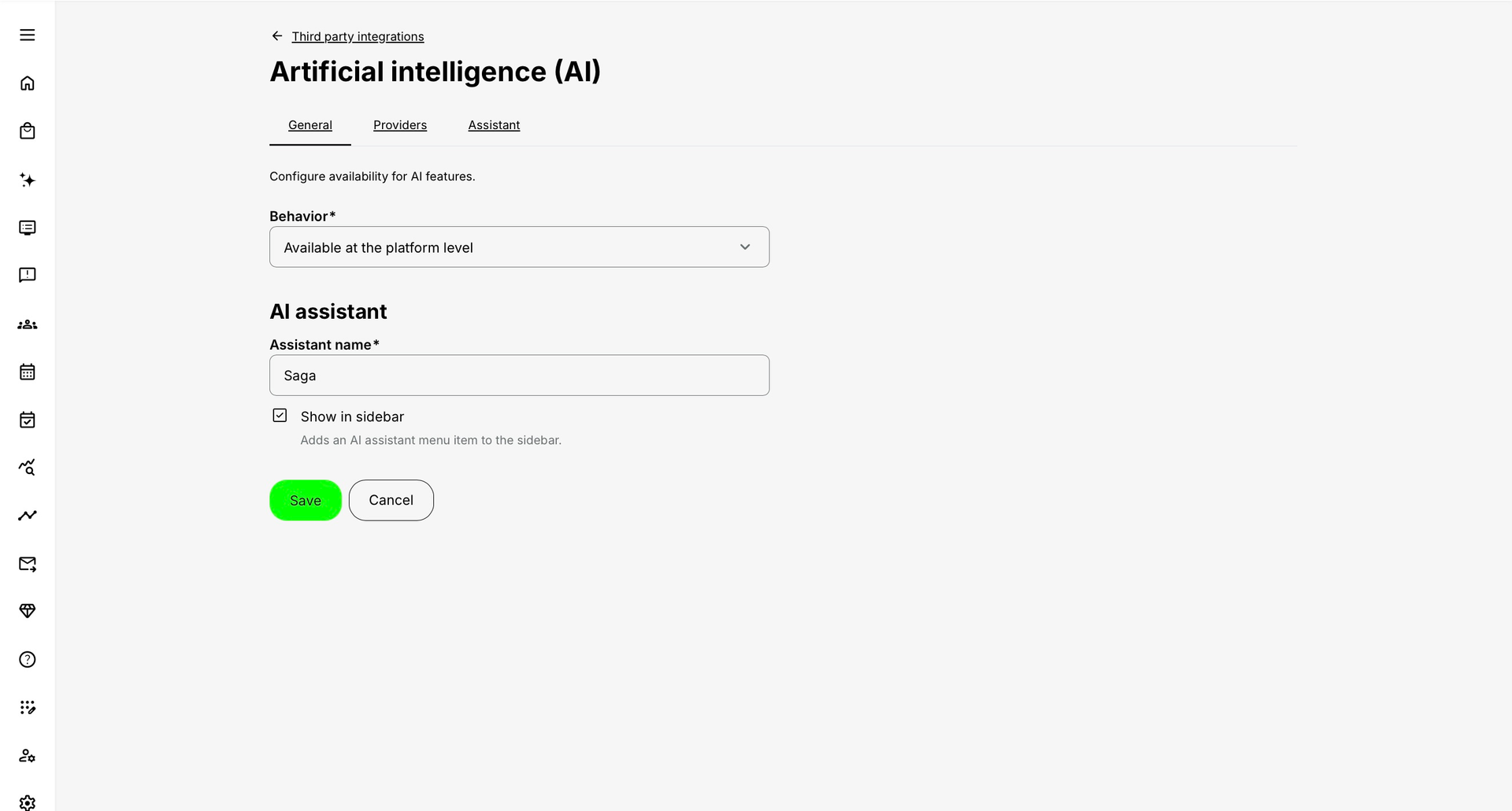 Technical administrator view of General AI settings with Behavior, Assistant name Saga and Show in sidebar. Additional Providers and Assistant tabs are visible in this view.