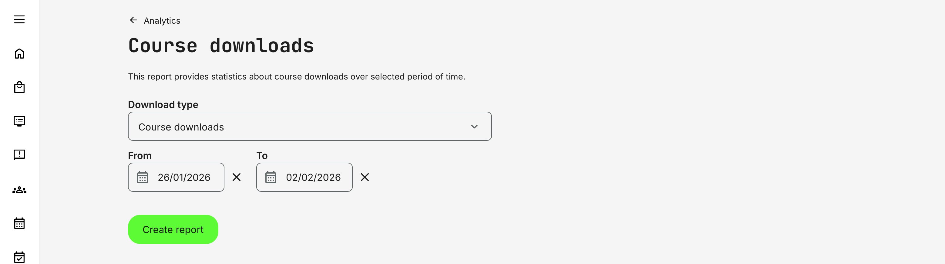 The Course Downloads report can be generated based on either full courses or individual pages downloaded for offline use in the mobile app.