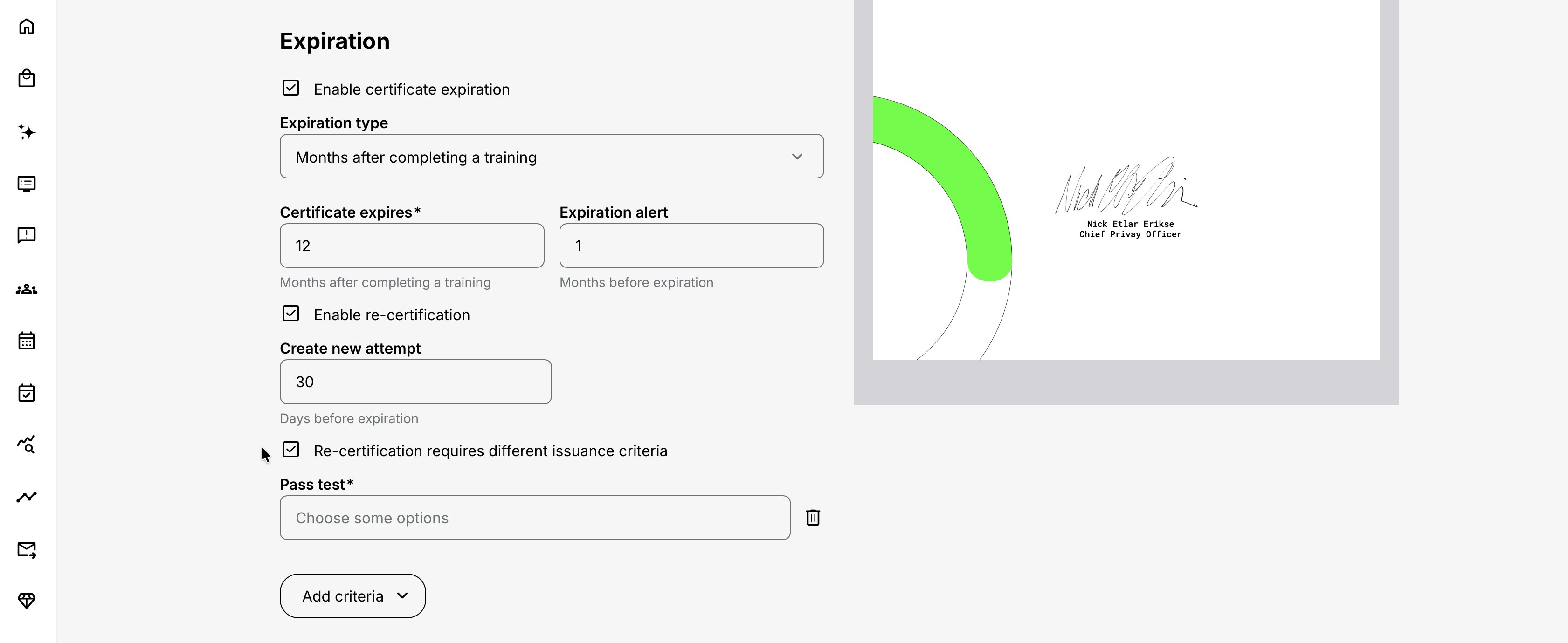 Certificate expiration settings with re-certification enabled and separate re-certification issuance criteria configured using a test requirement. 4:36 PM