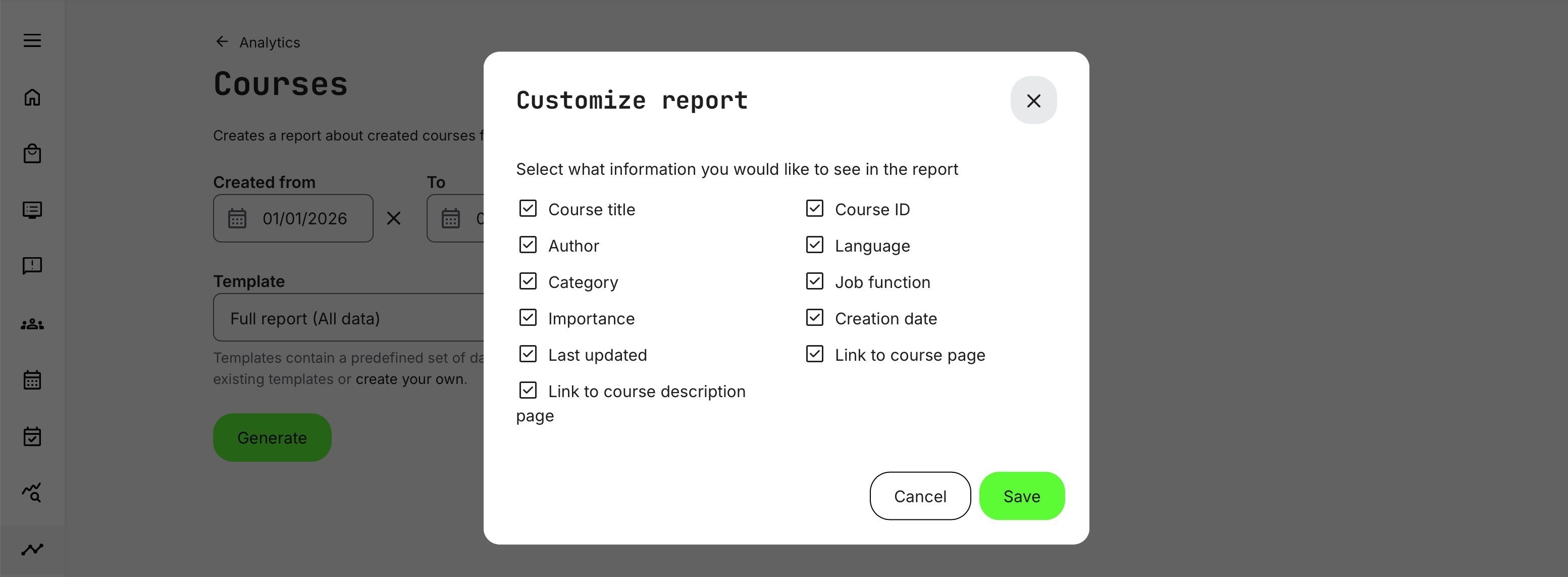 Example of a customized report highlighting selected data points, where available fields may vary depending on the course tags and configurations in use.