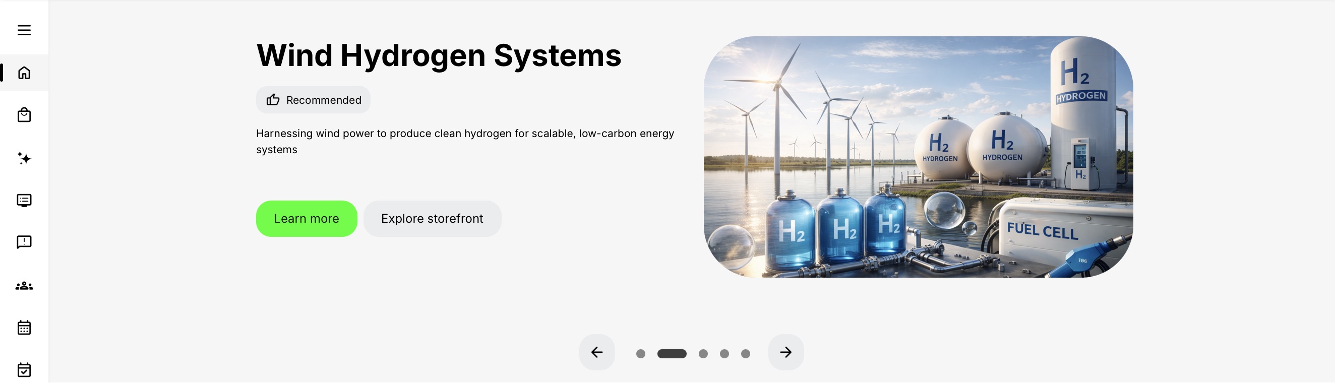 Compact recommendation layout with Wind Hydrogen Systems title, description and Learn more and Explore storefront actions on the left, and its banner image on the right. Slide controls appear below.
