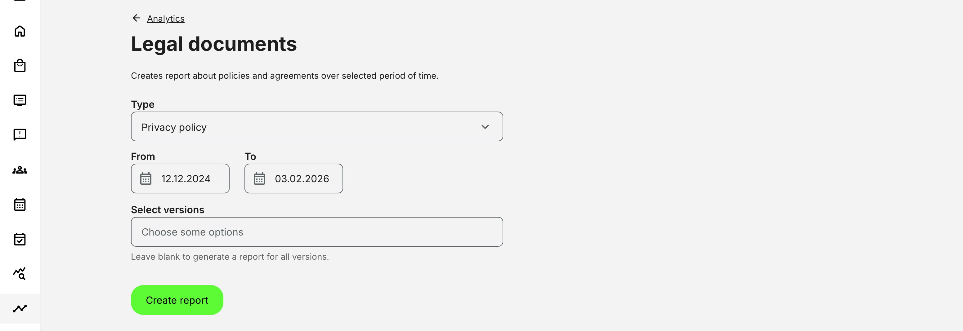 Focus report on privacy policy with versioning or specific consent questions within a questionnaire across a period.