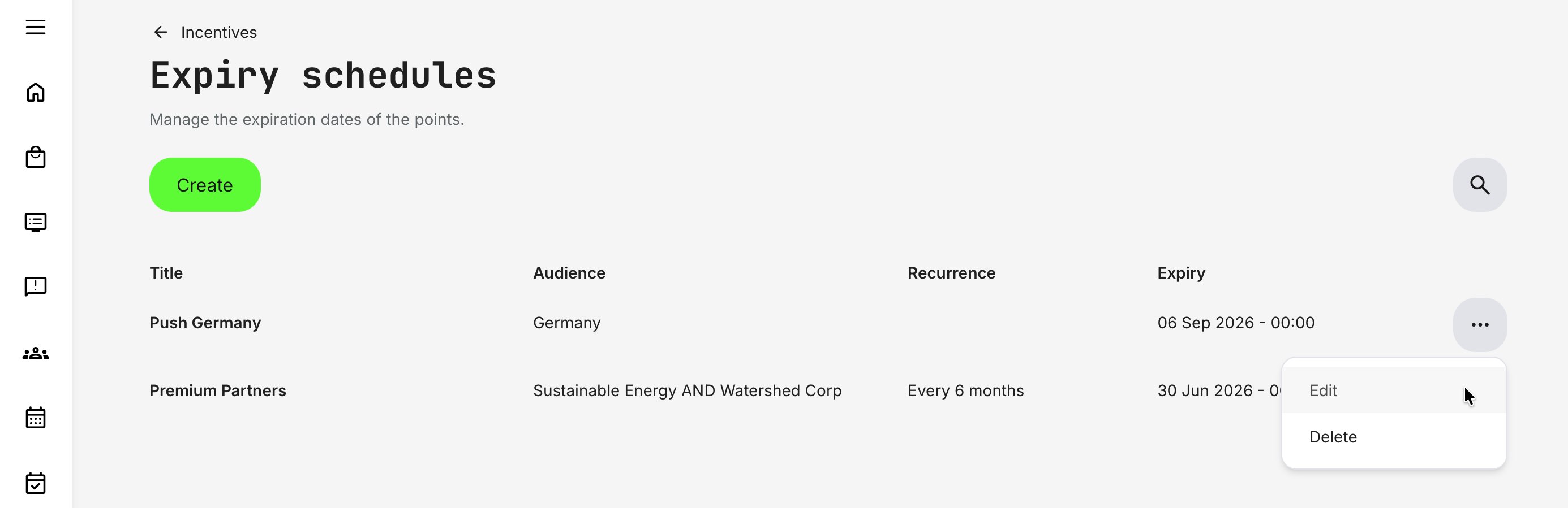 Example of the expiry rules overview, where each rule can be searched, edited, or deleted—making it easy to manage even complex configurations across multiple audiences and programs.