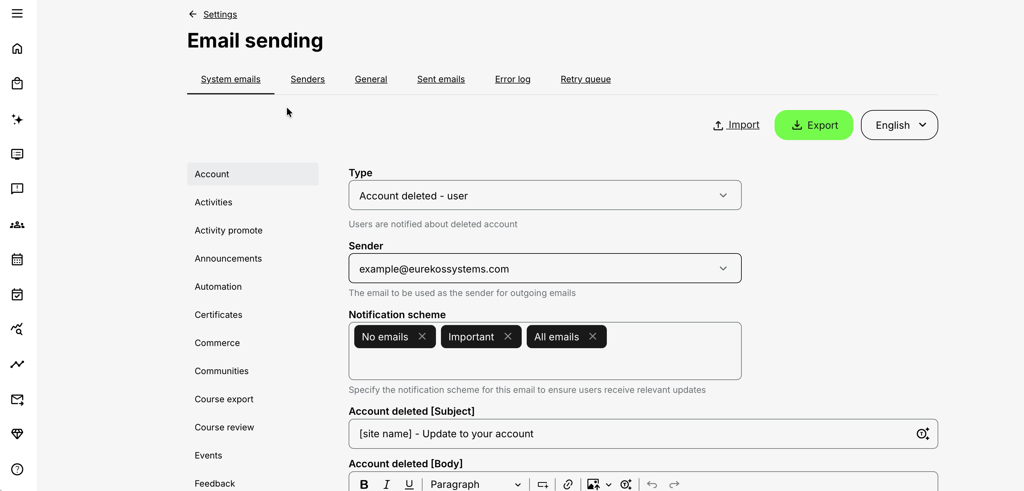 Email Sending settings showing tabs for System emails, Senders, General, Sent emails, Error log, and Retry queue.
