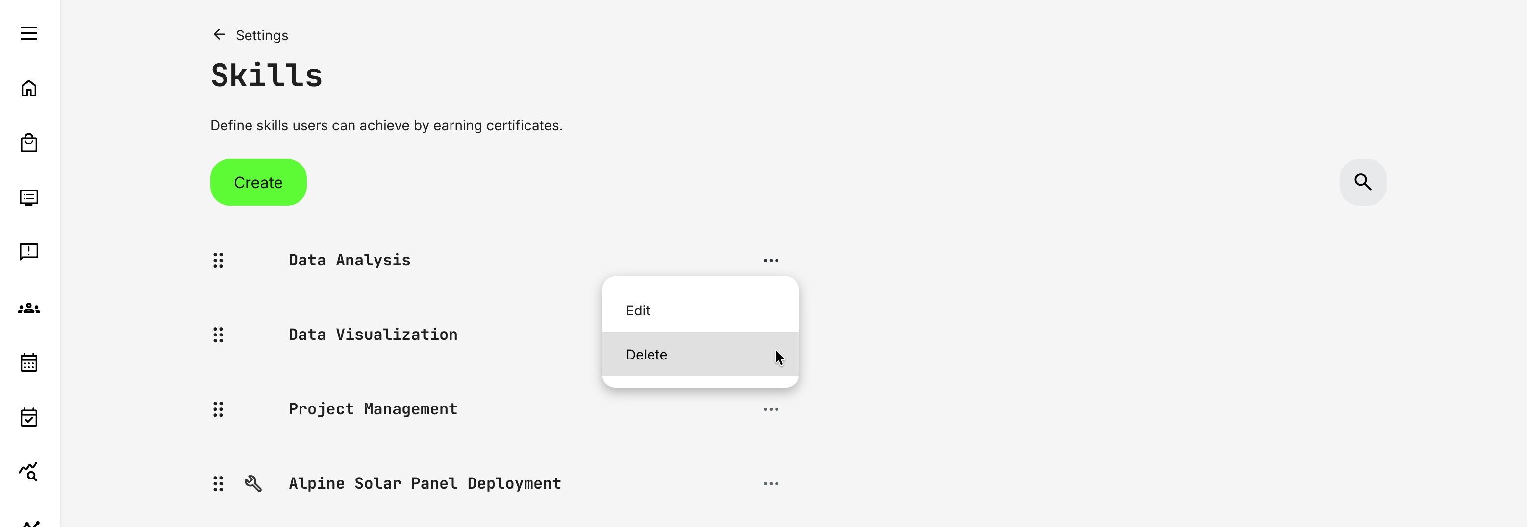 Manage skills by editing labels and adding or updating icons.