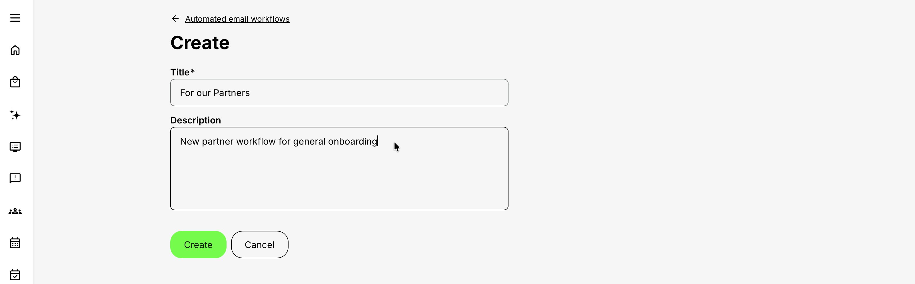 Create workflow form containing the required Title field, optional Description field, and Create and Cancel buttons.
