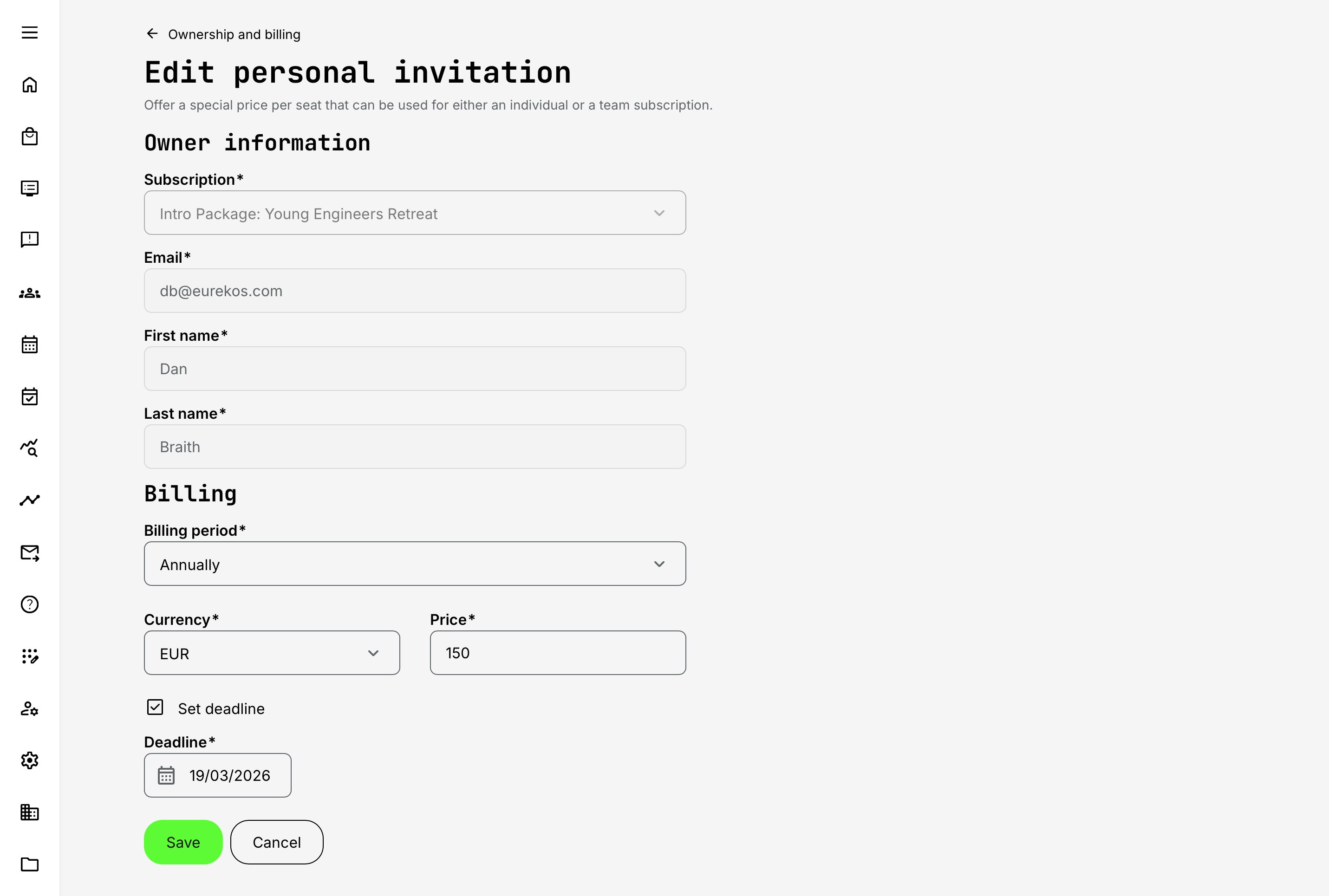 Edit personal invitation form allowing administrators to adjust pricing or expiration conditions before purchase. 