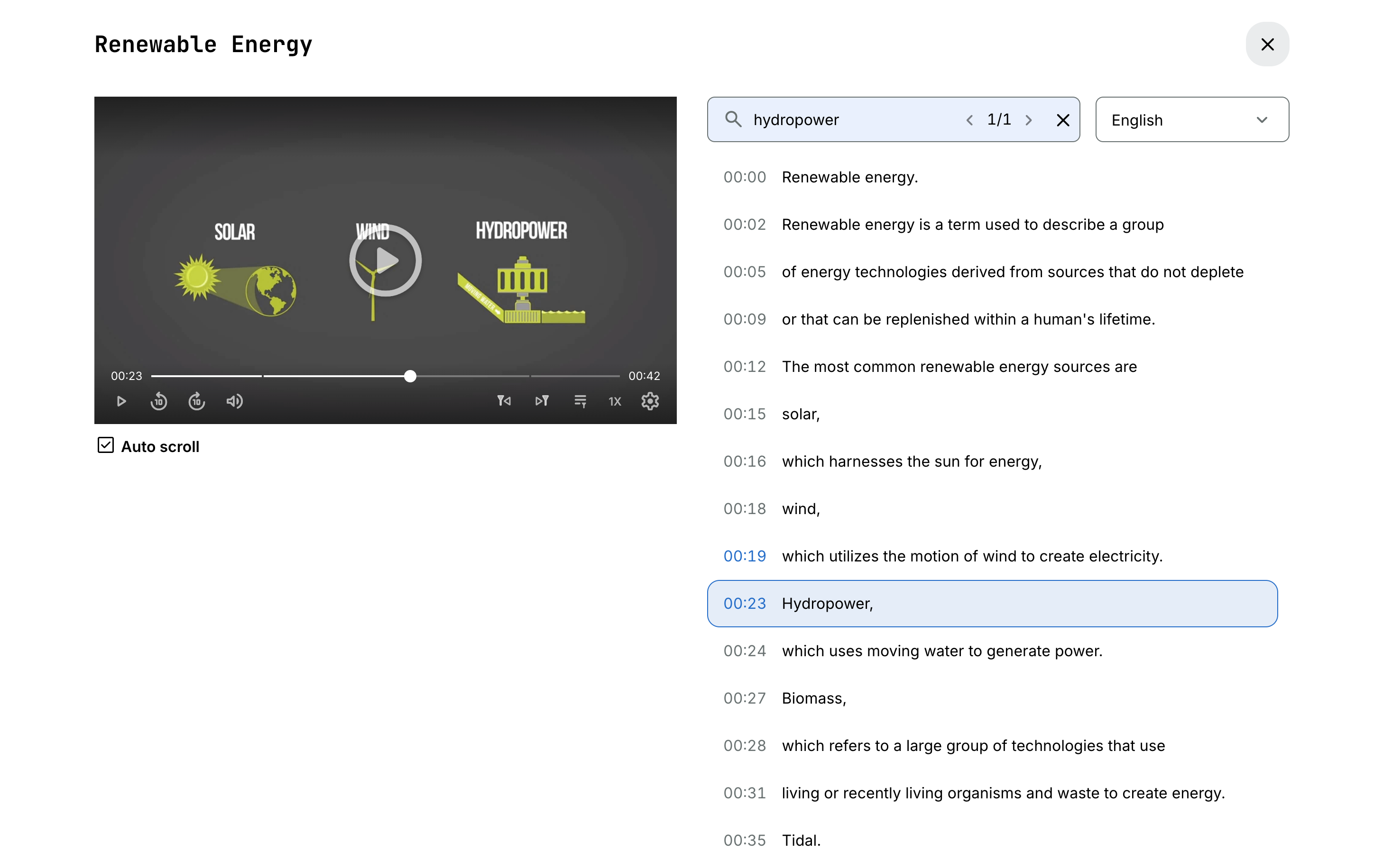 Interactive video transcript experience in learn mode