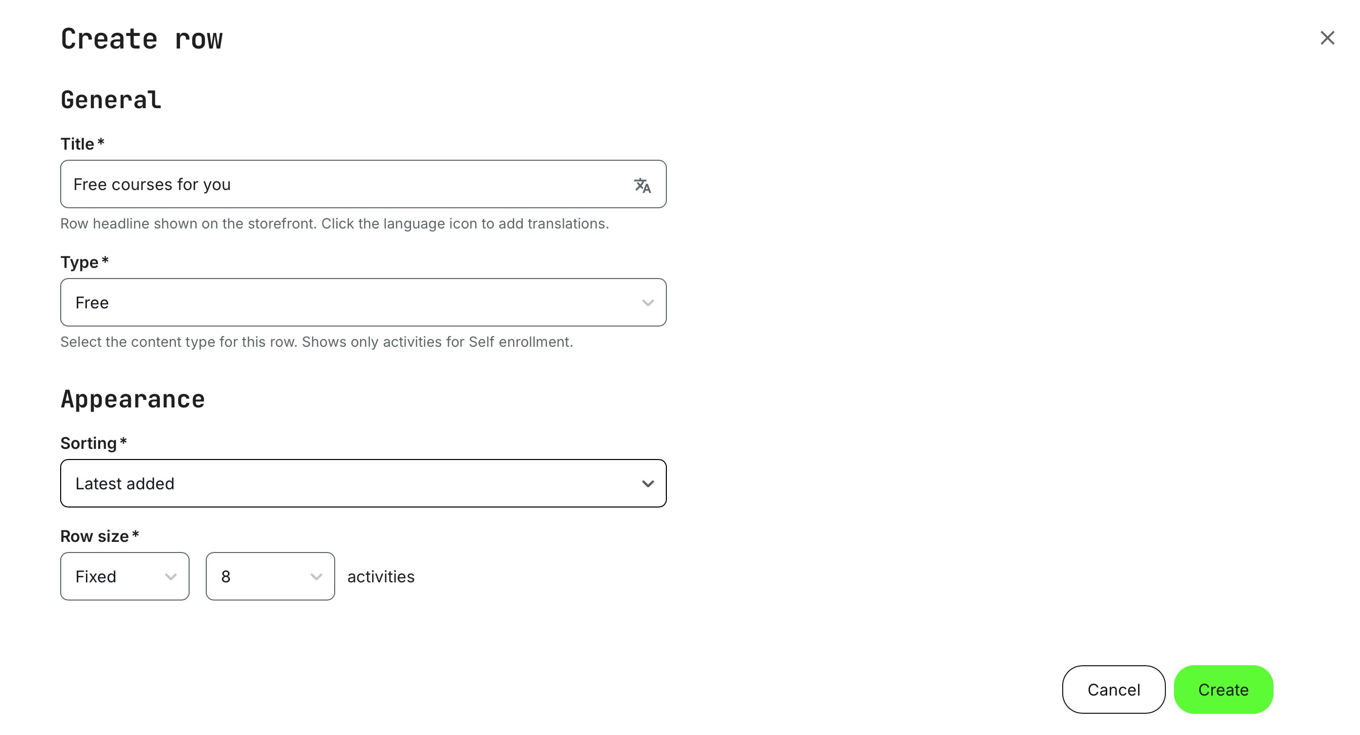 Free row type: Displays all training activities available for self enrollment at no cost.