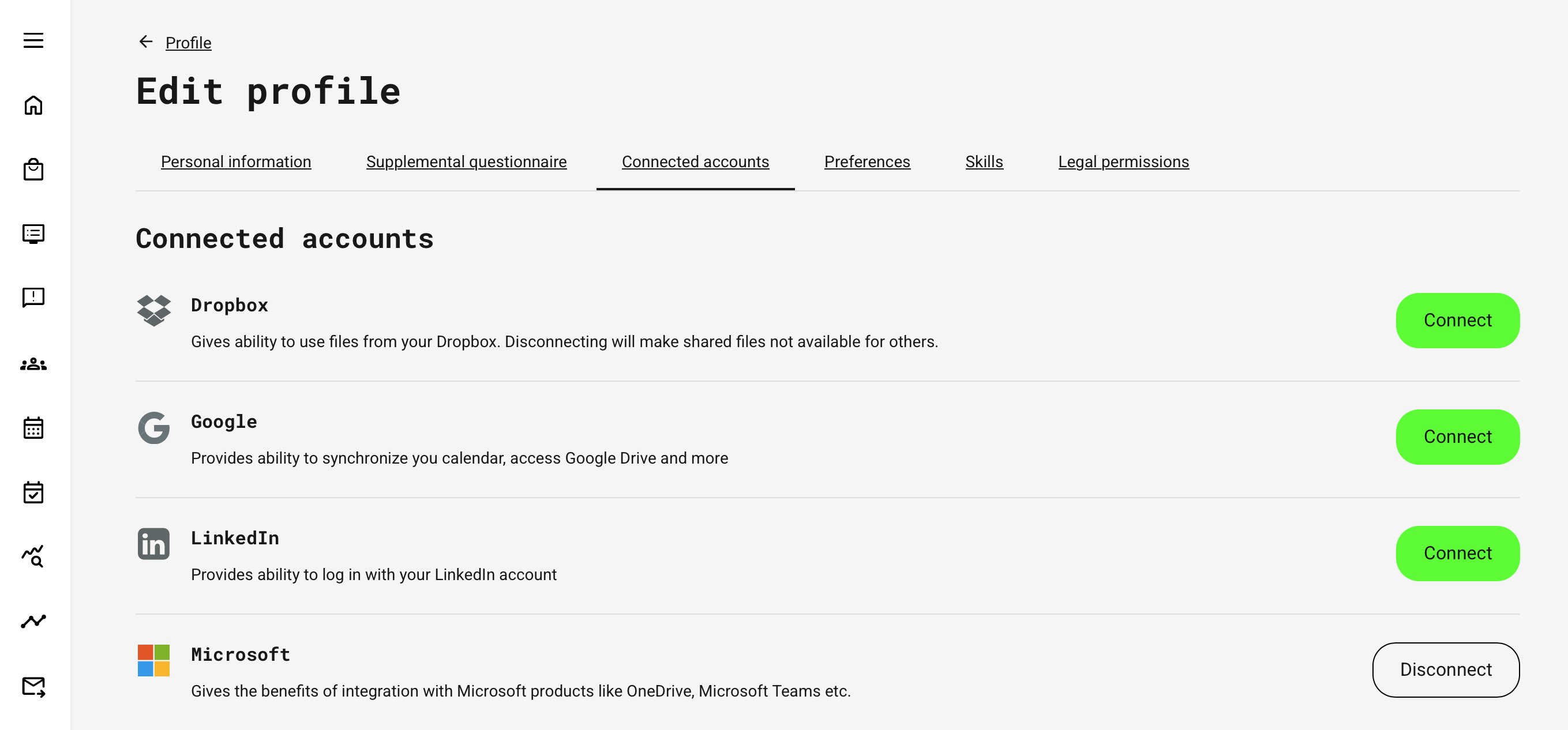 User profile “Connected accounts” section in Eurekos highlighting Microsoft integration, where users can connect their Microsoft account to enable features such as Outlook calendar synchronization, Microsoft Teams access, and OneDrive file integration.