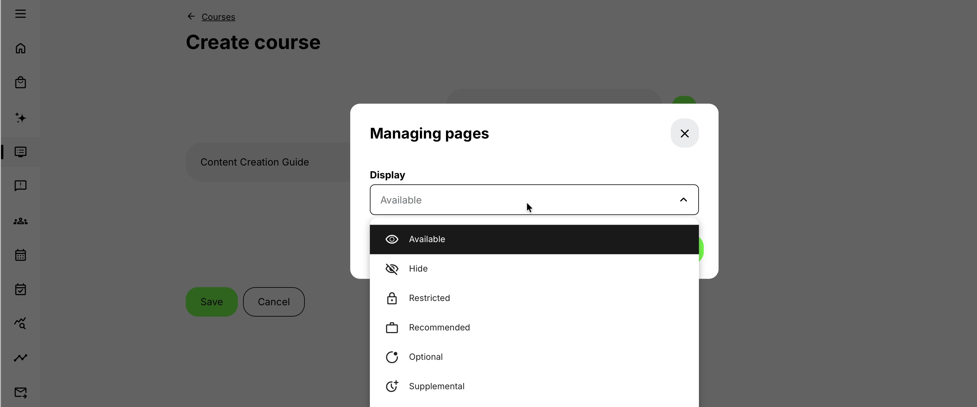 Course builder showing a root page connected to child pages, with Settings open for the Managing pages page and Display options for Available, Hide, Restricted, Recommended, Optional, and Supplemental.