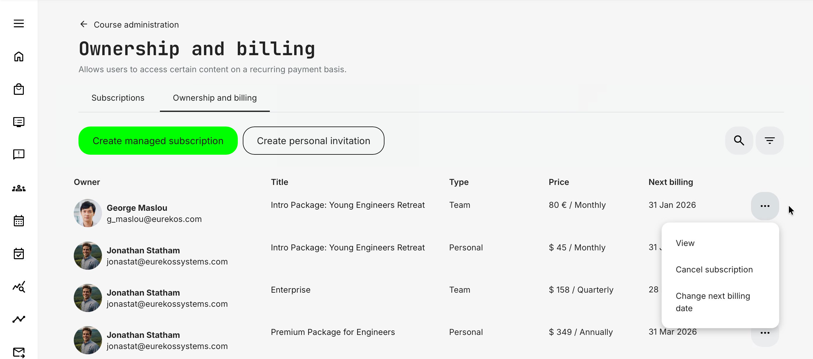 Administrative oversight on all subscriptions and actions to assist and control.