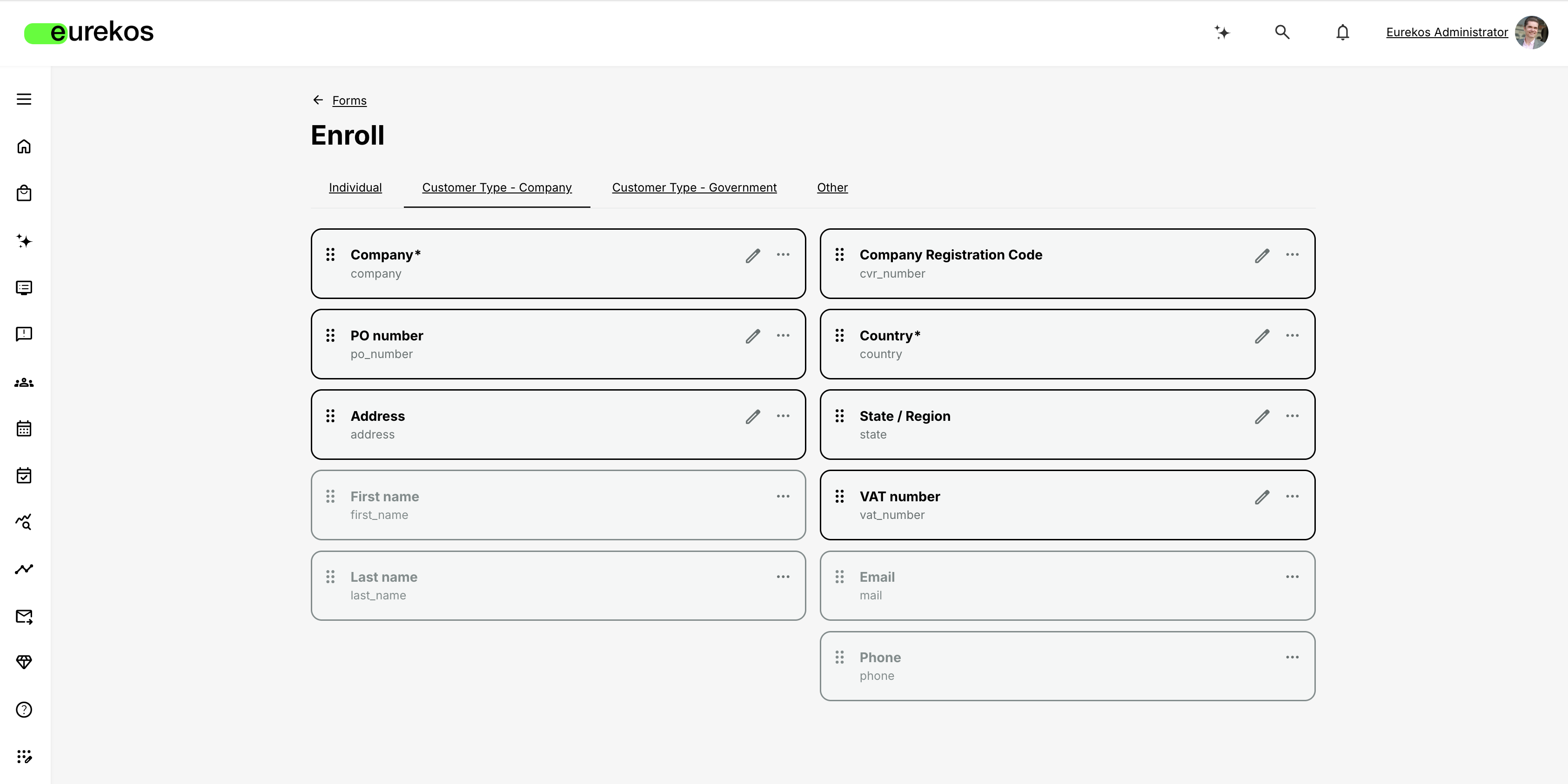 The new First name, Last name, Phone, and Email fields on the Customer Type - Company enroll form, shown here disabled by default.
