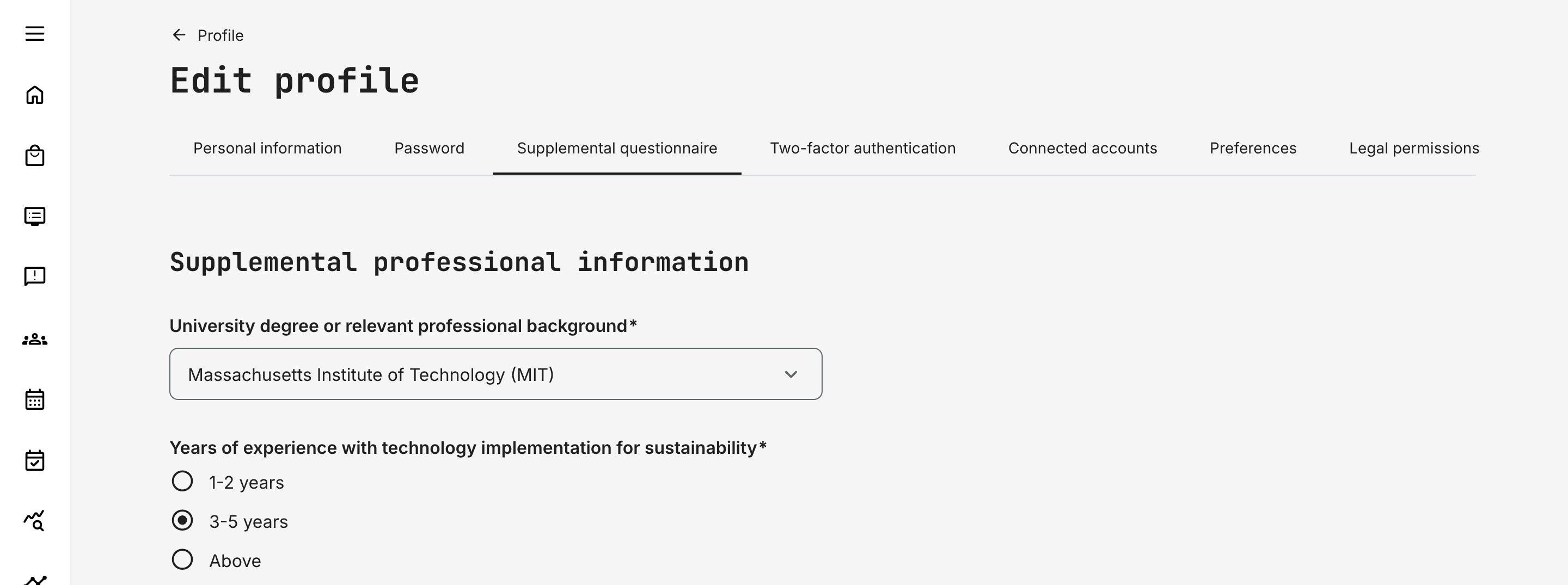 Example of a conceptual supplemental questionnaire designed to capture diverse, business-relevant information beyond standard profile fields, tailored to specific operational and compliance needs.