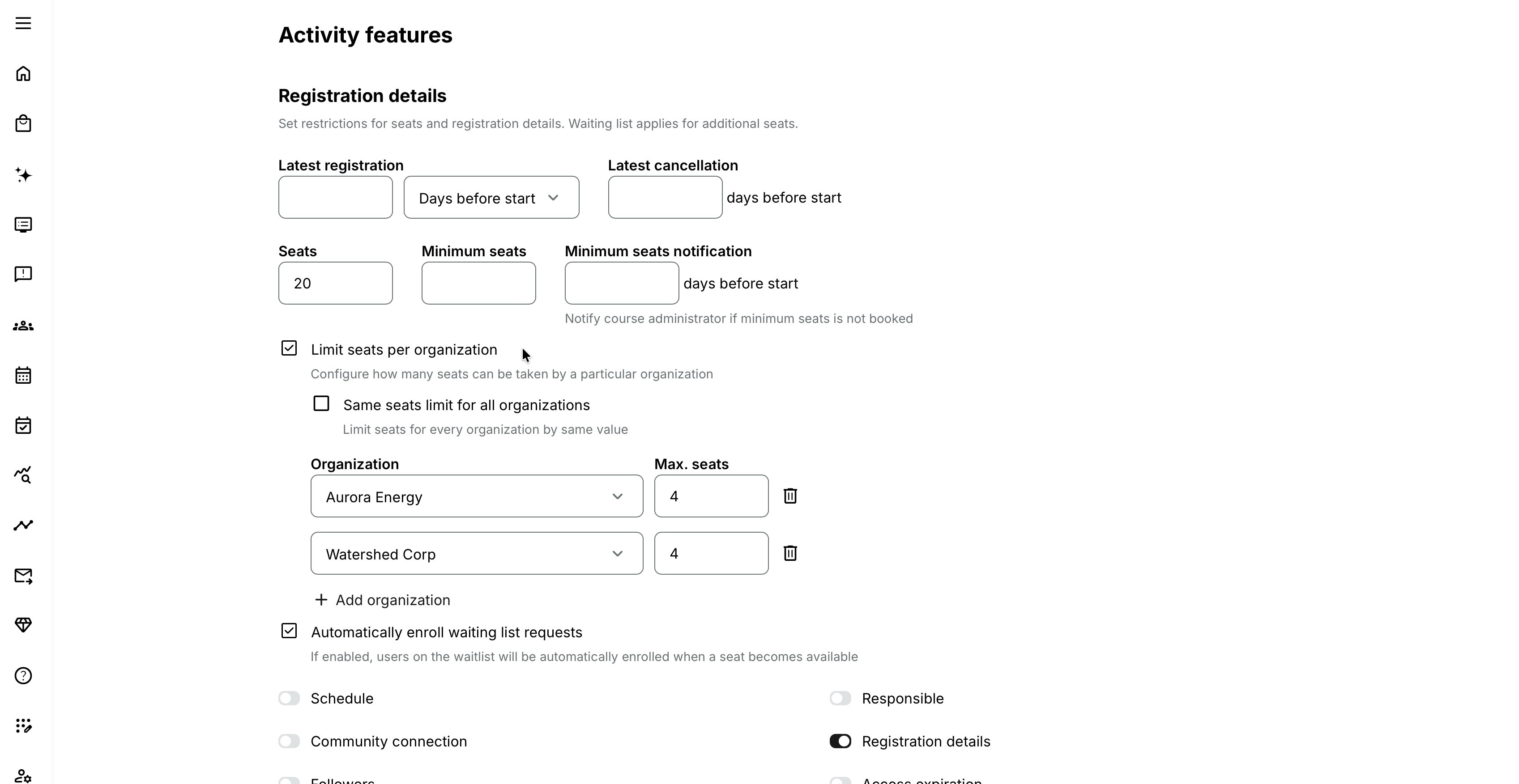 Define organizational seat restrictions separately.