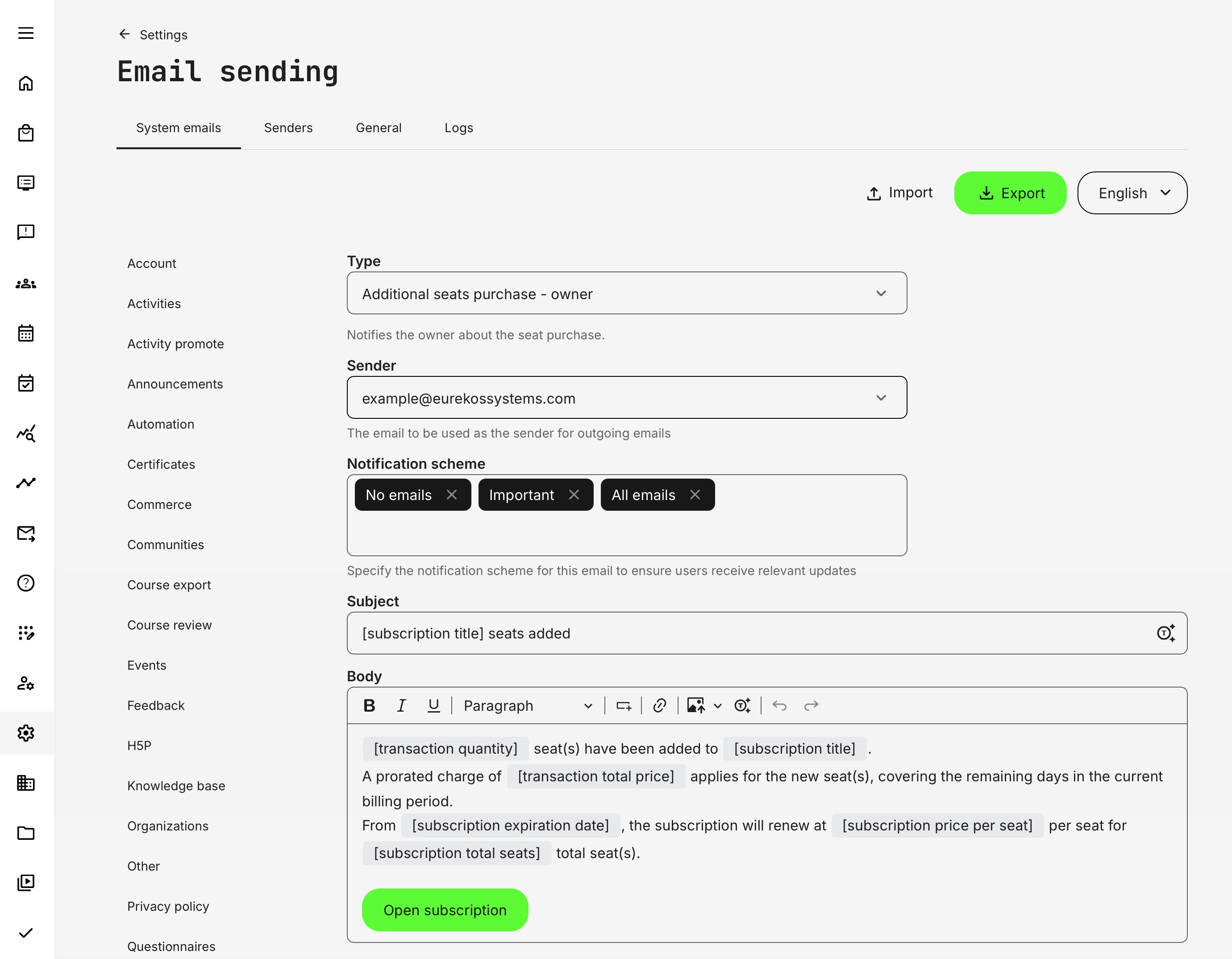 Email notification upon successful purchase of additional seats.