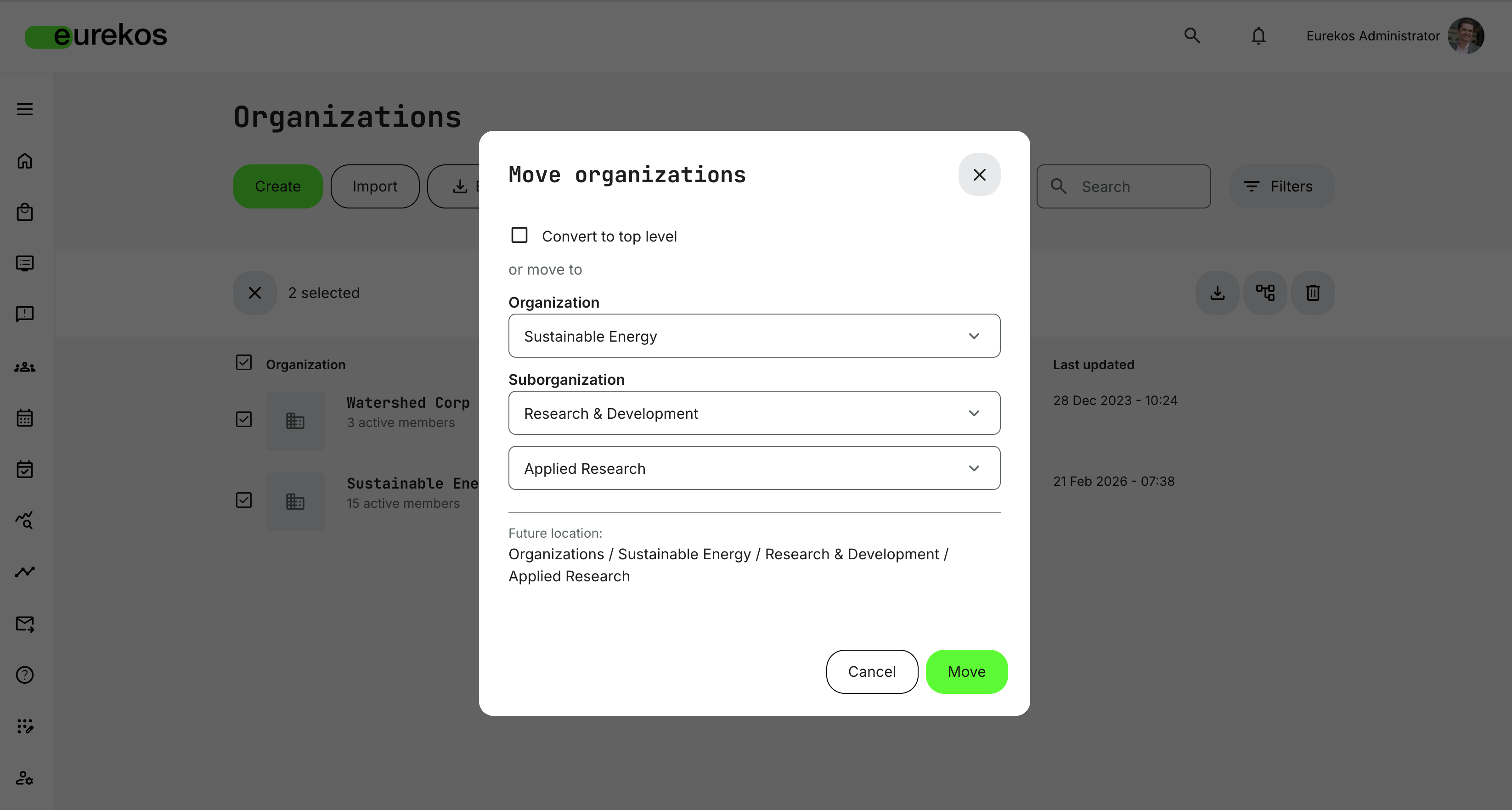 You can reposition any organization, top-level or sub-organization, to a new location in the structure