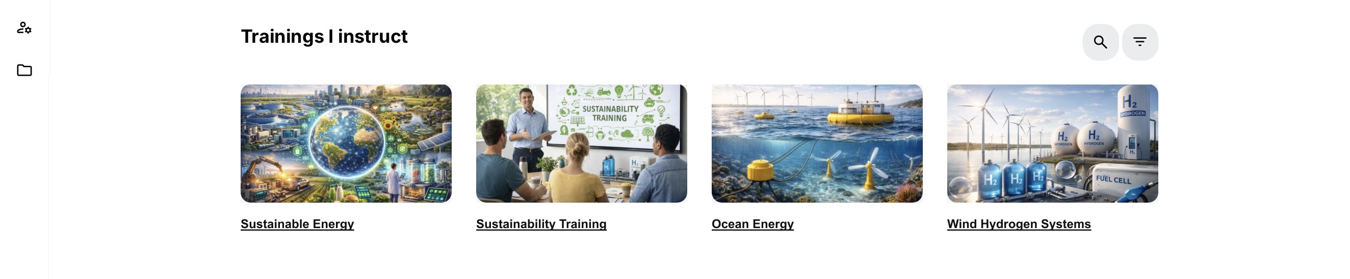 Trainings I instruct contains four cards: Sustainable Energy, Sustainability Training, Ocean Energy and Wind Hydrogen Systems, with the current section’s Search and Filters controls. No participant-progress indicator or learner completion status is shown.