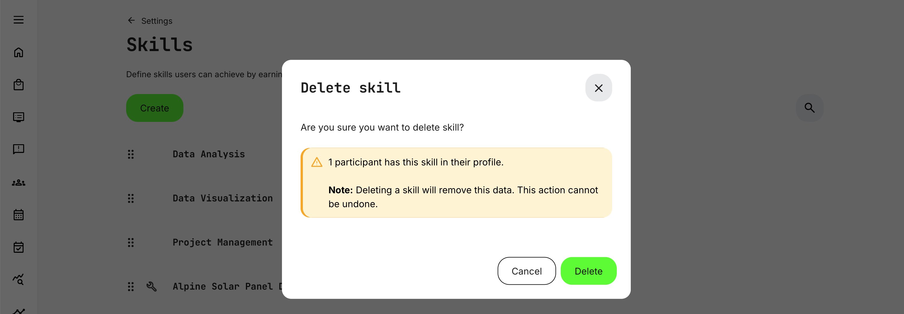 Deleting a skill prompts a confirmation step showing how many learners will be affected, providing an additional safety check before the action is completed.