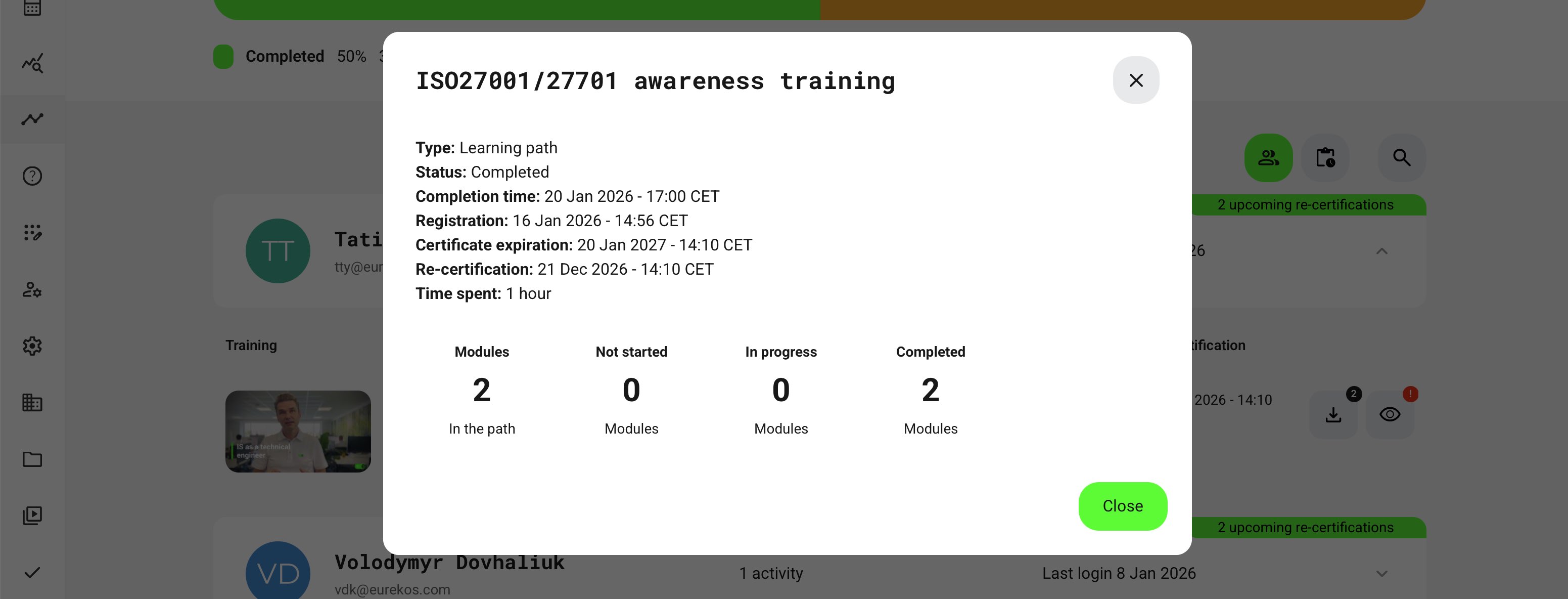 Selecting Details on an activity in the expanded user view reveals learning path progress and time spent for that activity.