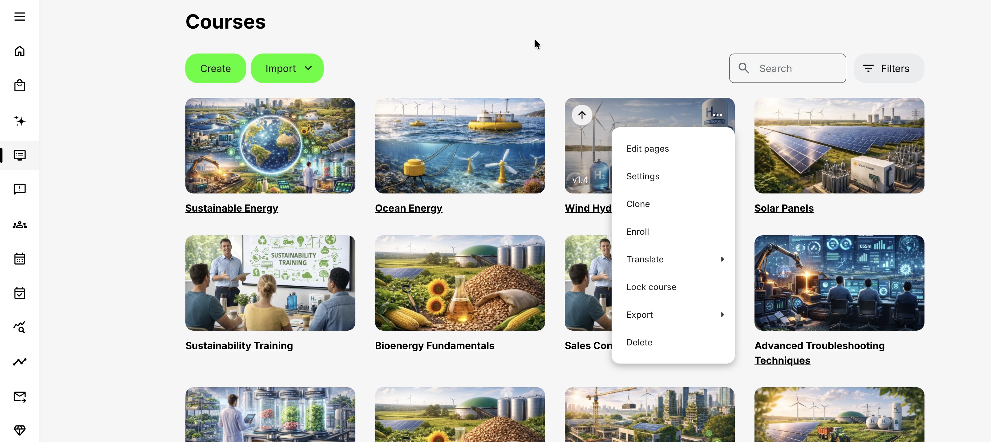 Course library with search and filter controls, Course cards, a Focus control on a hovered Course and an open menu containing Course management actions.