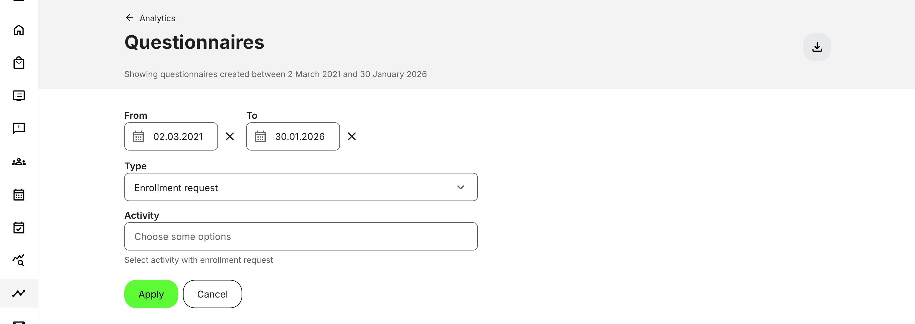 Filter options are accessed from the main questionnaires list and allow you to refine results by usage context and date range.