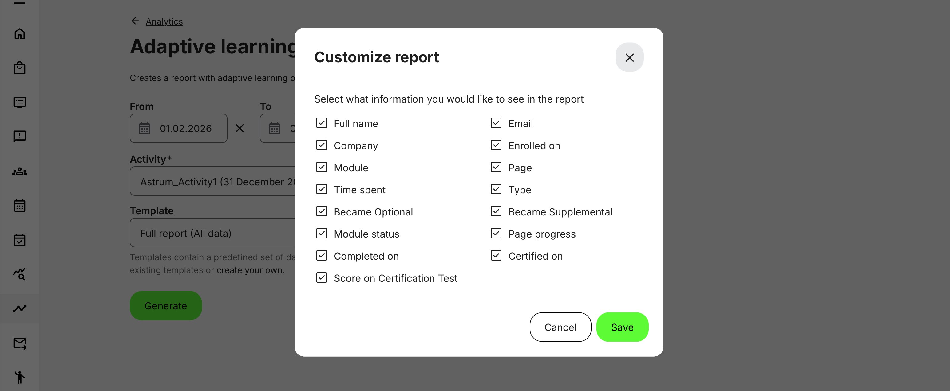 Report options illustrating which data fields can be included, with availability depending on module type (native or third-party) and embedded content.