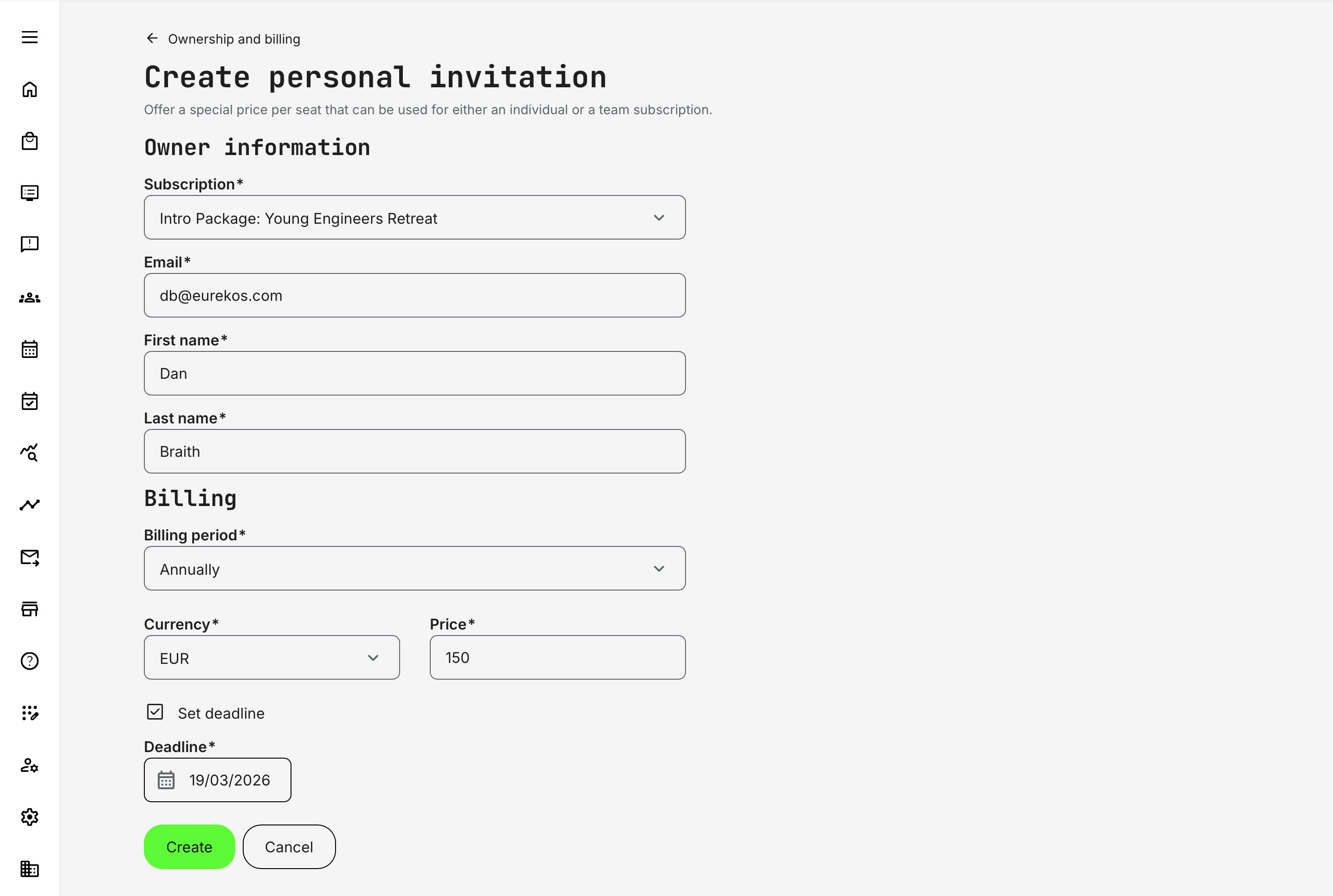 Create personal invitation form showing subscription selection, recipient information, and negotiated pricing options.