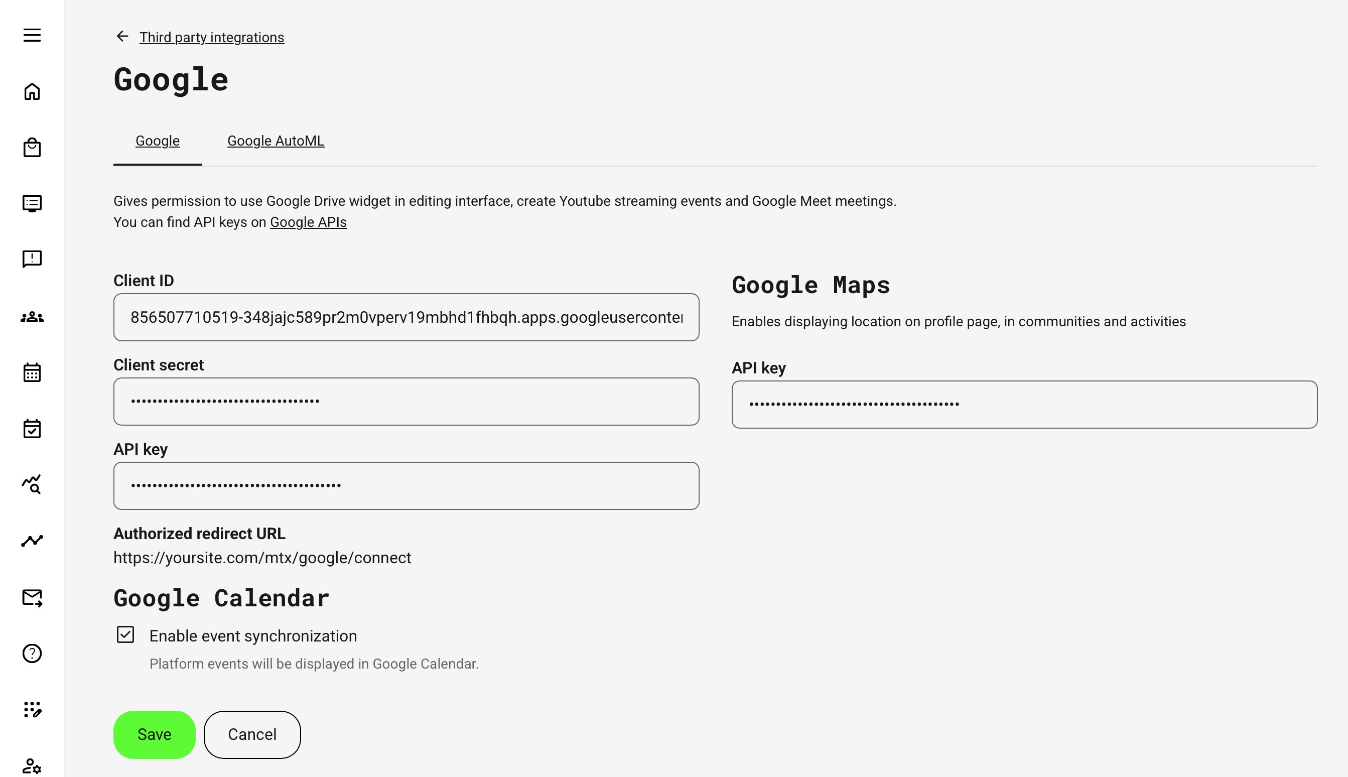 Google integration configuration in Eurekos, where administrators define OAuth credentials, API keys, and enable services such as Google Maps and Calendar synchronization.