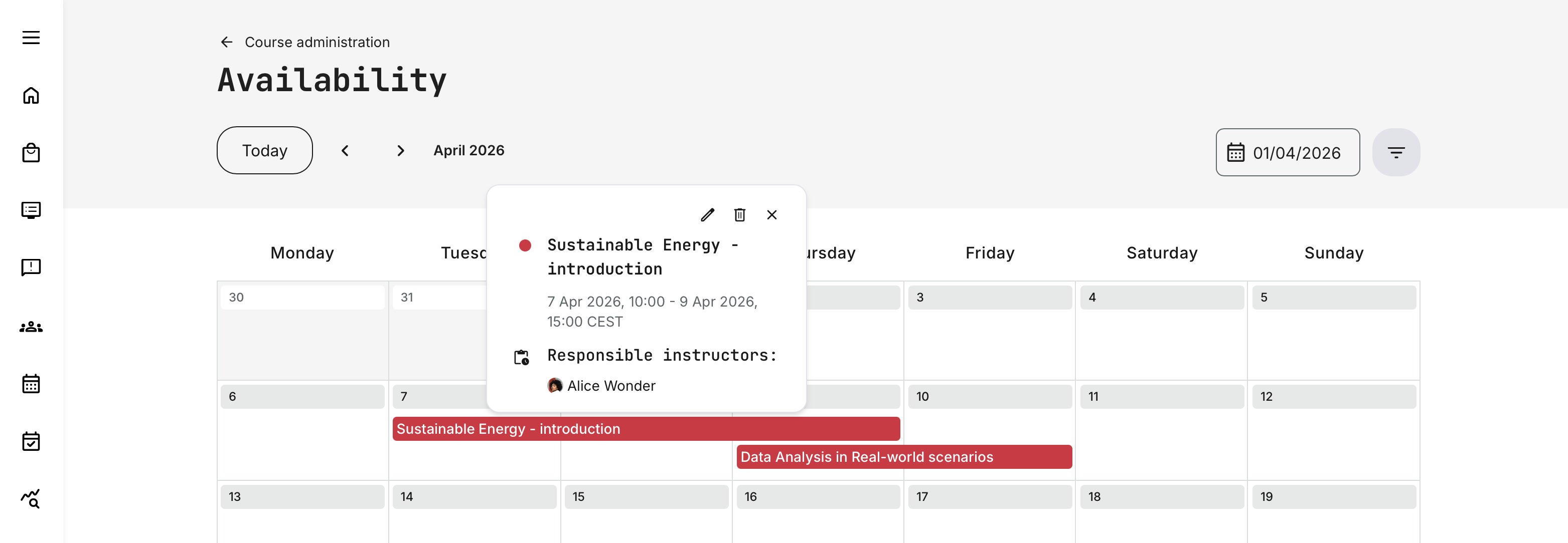 Once enabled, administrators gains a new section that provides a complete calendar overview, showing instructor availability alongside all booked resources.