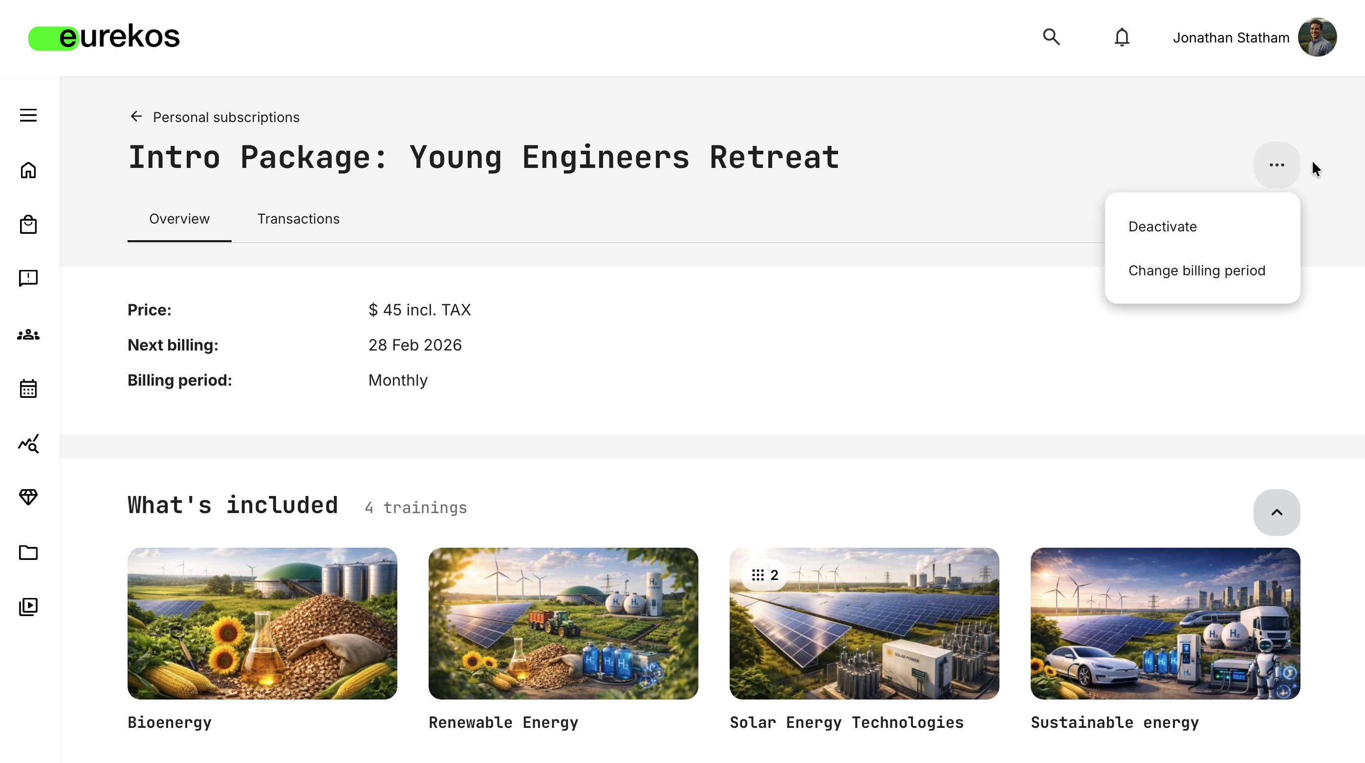An example of a personal subscription detail view, as accessed by a subscriber from the Subscriptions main menu.