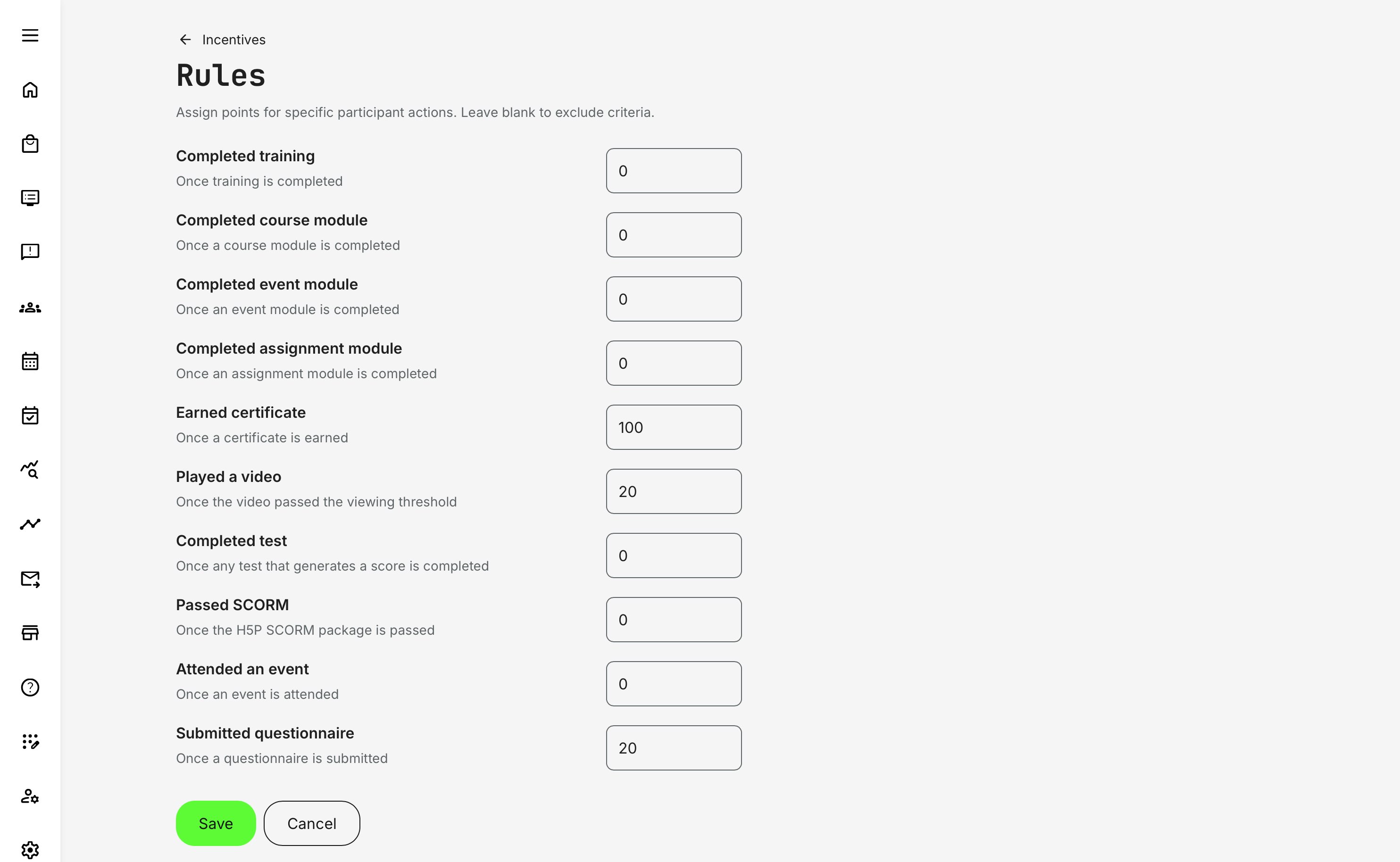 Define incentive rules that award points for actions aligned with your product mix, training design, and overall business objectives.