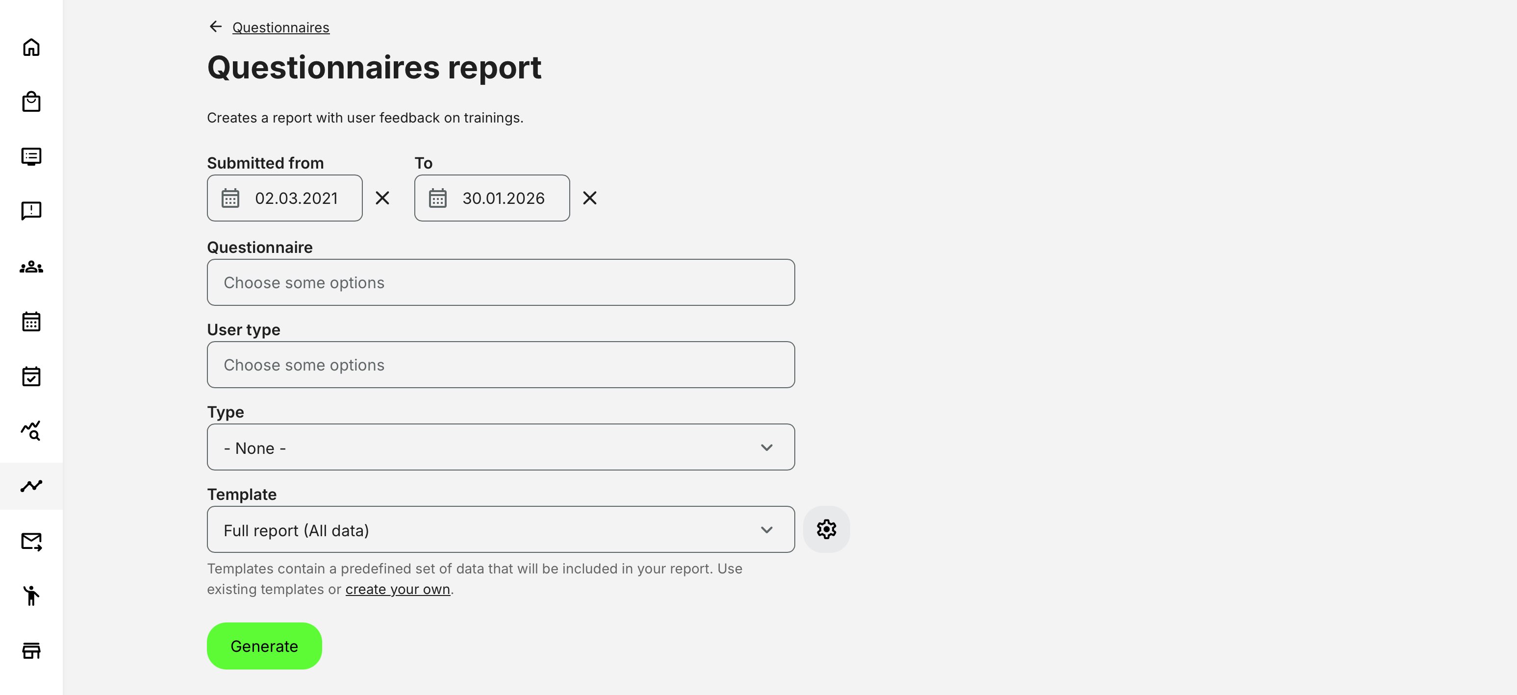 Questionnaire report with context-aware filters that update based on where questionnaires are applied, with flexible options for template-based and customized exports.