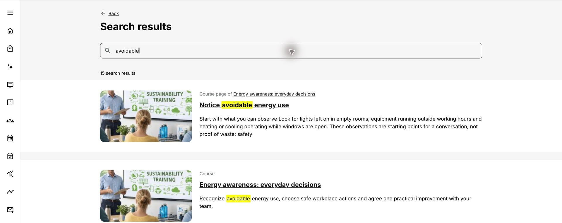 Global Search results for avoidable show the Energy awareness course and its Identify avoidable energy use page, with highlighted matching text.