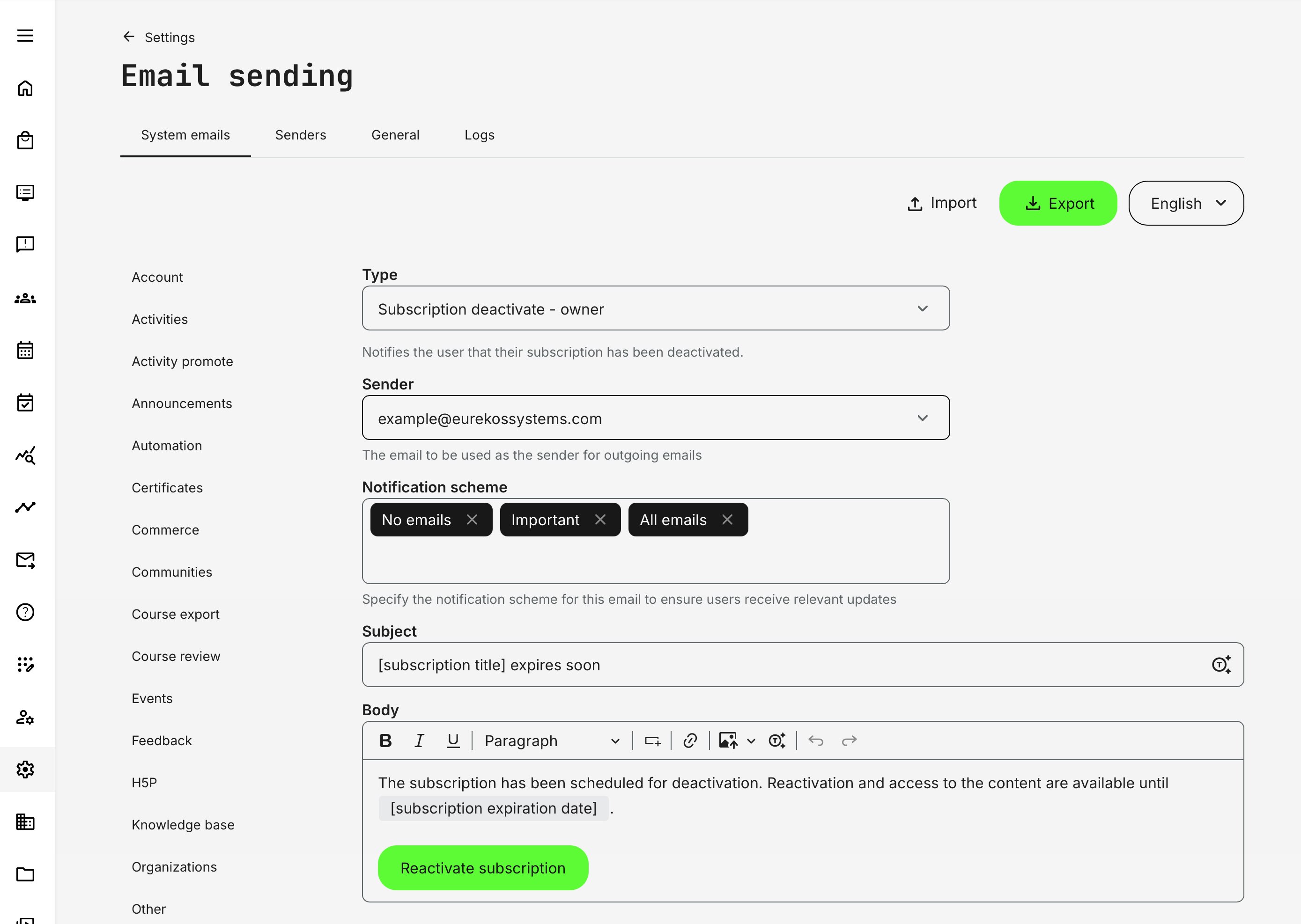 Email to subscription owner about subscription expiry.