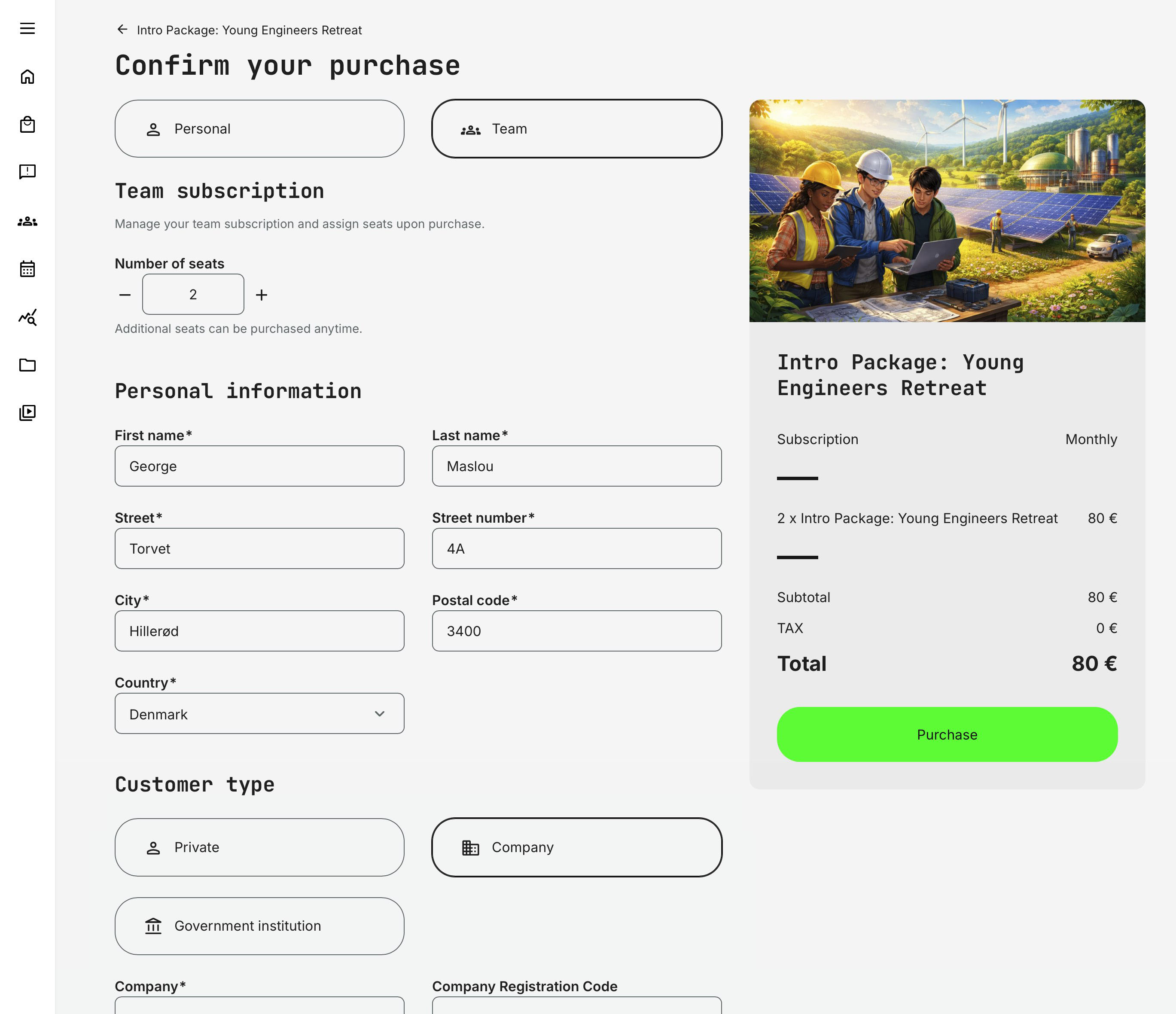 Checkout page with personal information and customer type selection.
