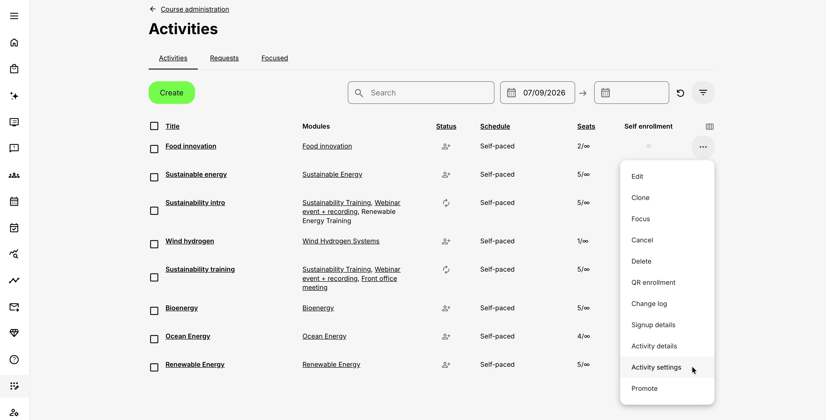 Access Activity Settings from the More menu on the Activity list.
