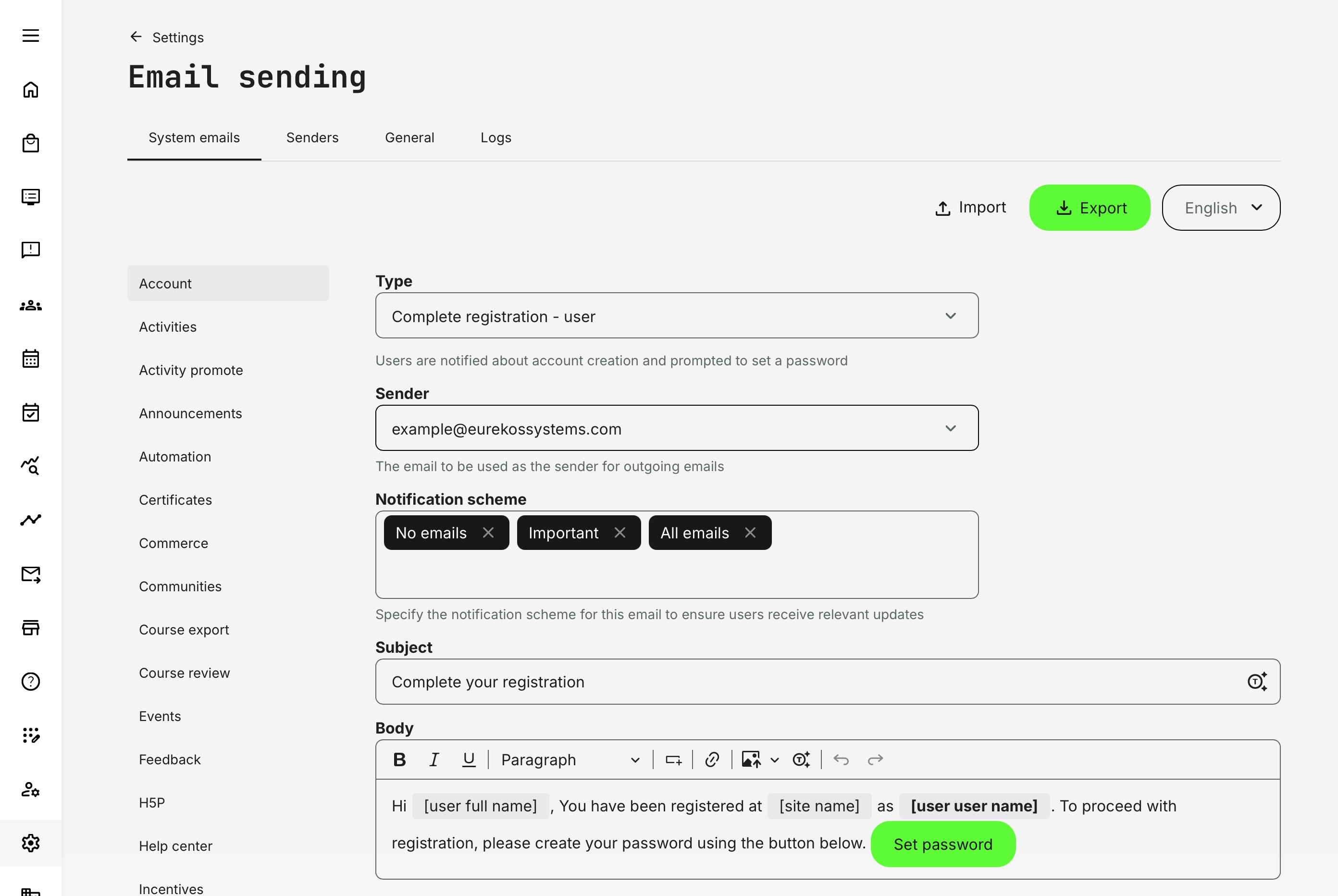 Example of a complete User Registration system email — English version.